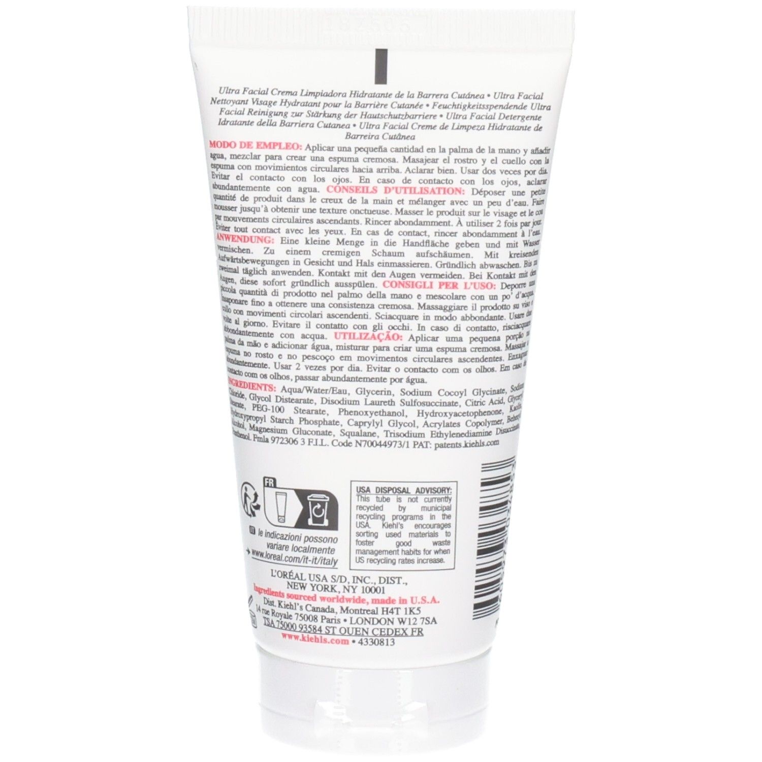 Arrière d'un tube blanc KIEHL'S Ultra Facial Barrier-Hydrating Cleanser. Contient instructions et ingrédients.