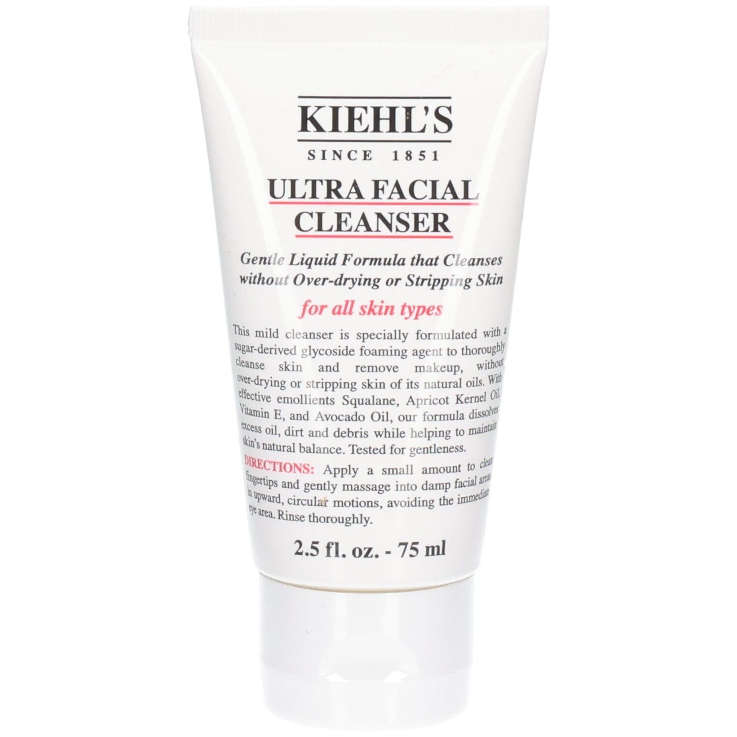 Tube Kiehl's Ultra Facial Cleanser, 75 ml. Tube blanche avec texte rouge et noir.