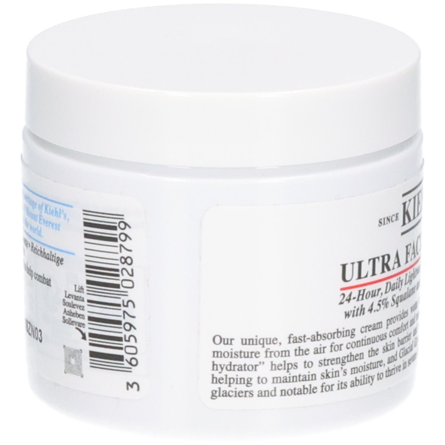 Kiehl's Ultra Facial Cream, vue latérale d'un pot de 125 ml. Contient des informations sur la composition et l'utilisation.
