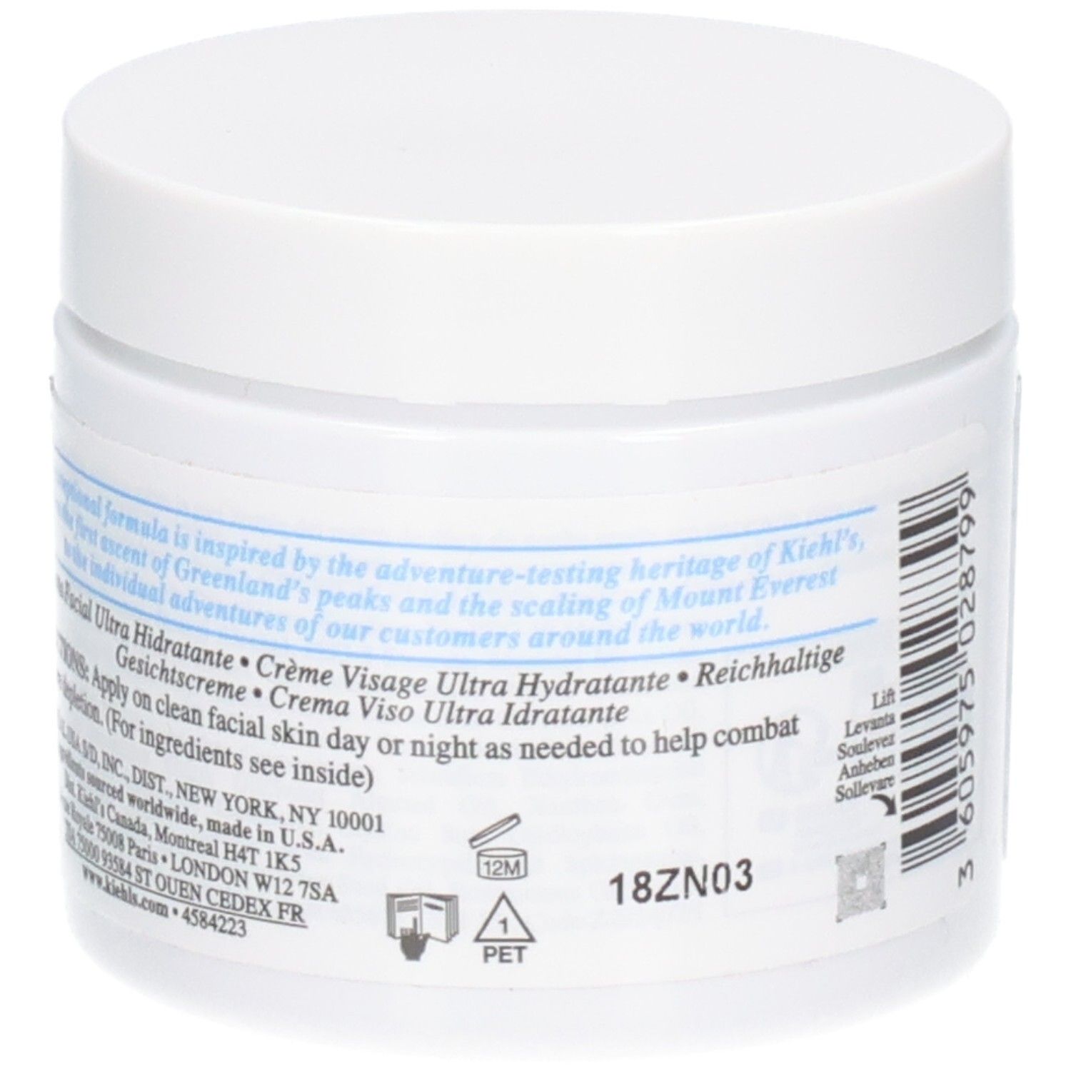 Kiehl's Ultra Facial Cream, arrière d'un pot de 125 ml. Indique les ingrédients, le lieu de fabrication et les instructions.