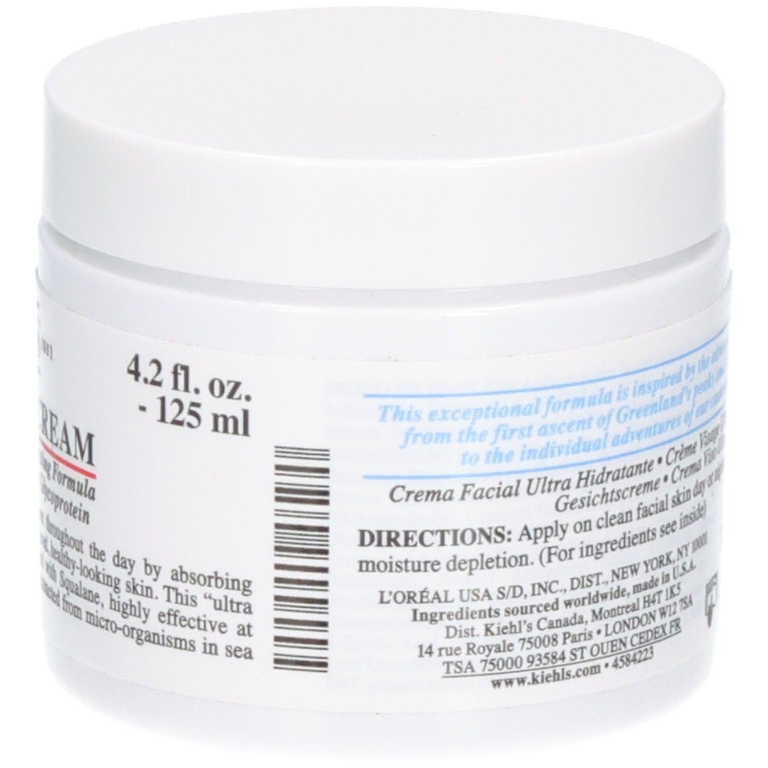 Kiehl's Ultra Facial Cream, pot de 125 ml. Vue latérale avec taille et code-barres. Contient du texte sur la formule.