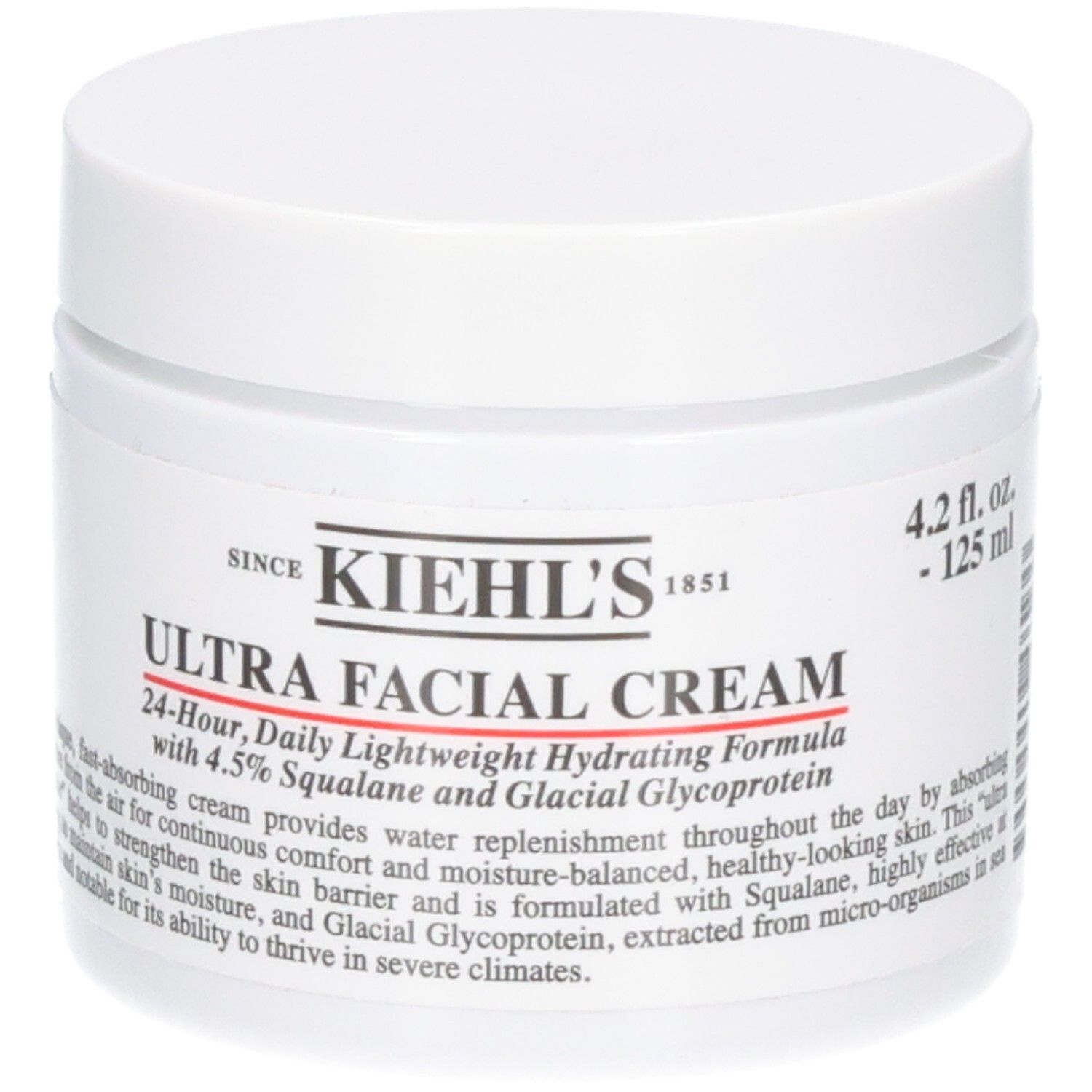 Kiehl's Ultra Facial Cream, pot de 125 ml. Vue frontale de la crème hydratante pour le visage avec Squalane.