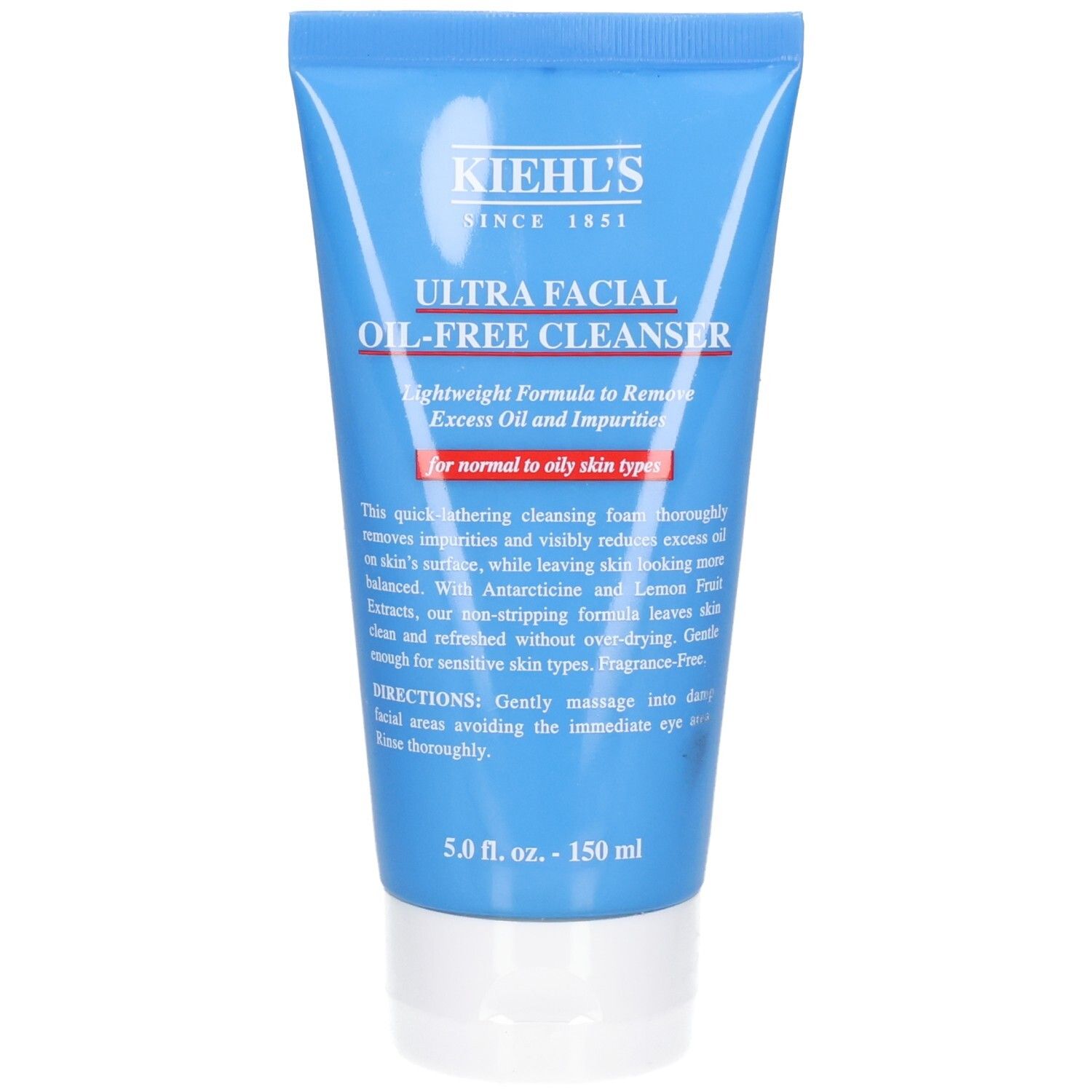 Tube de Nettoyant Ultra Facial Oil-Free Kiehl's, 150 ml. Tube bleue avec bouchon blanc et informations produit.