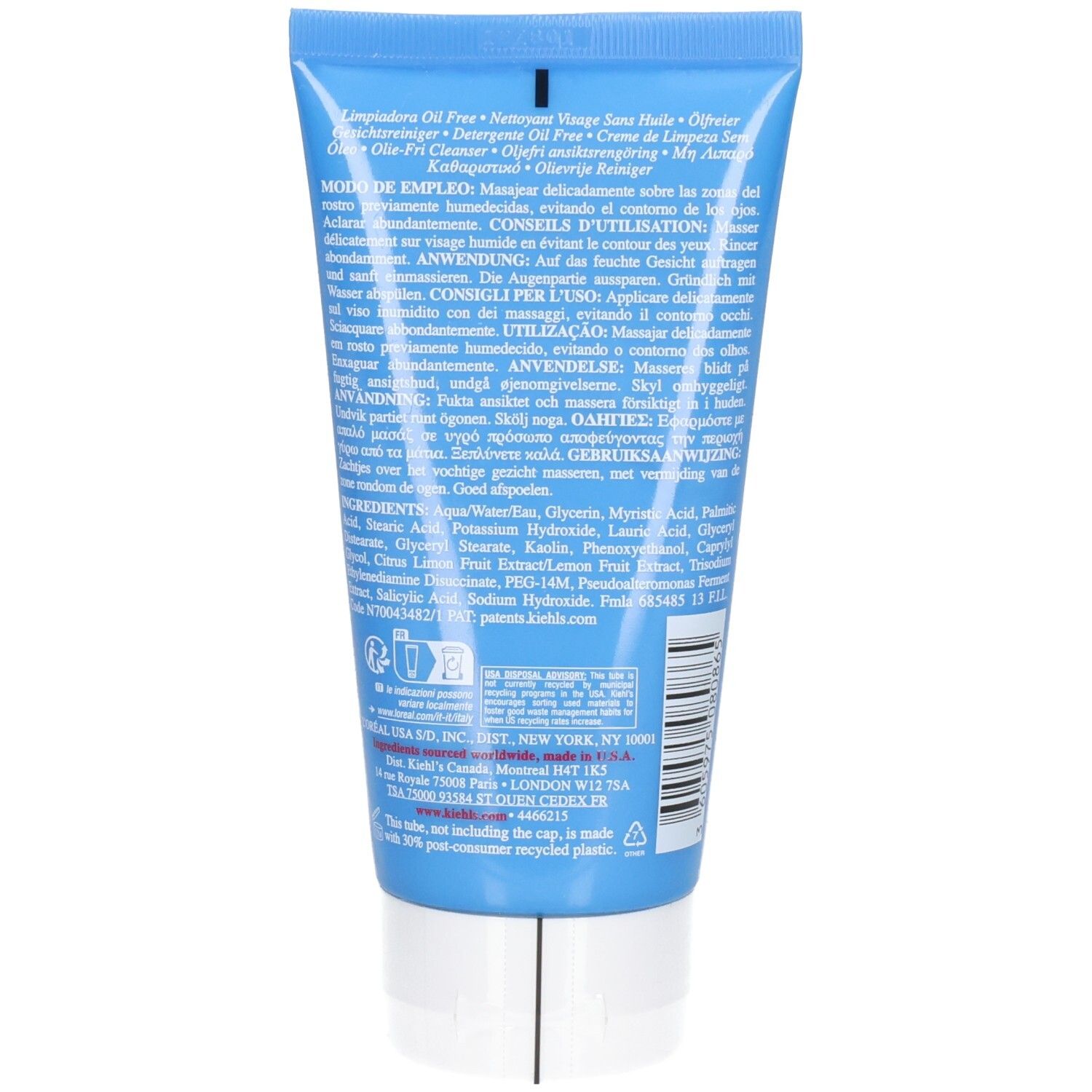 Arrière du tube Kiehl's Ultra Facial Oil-Free Cleanser avec ingrédients et instructions d'utilisation.