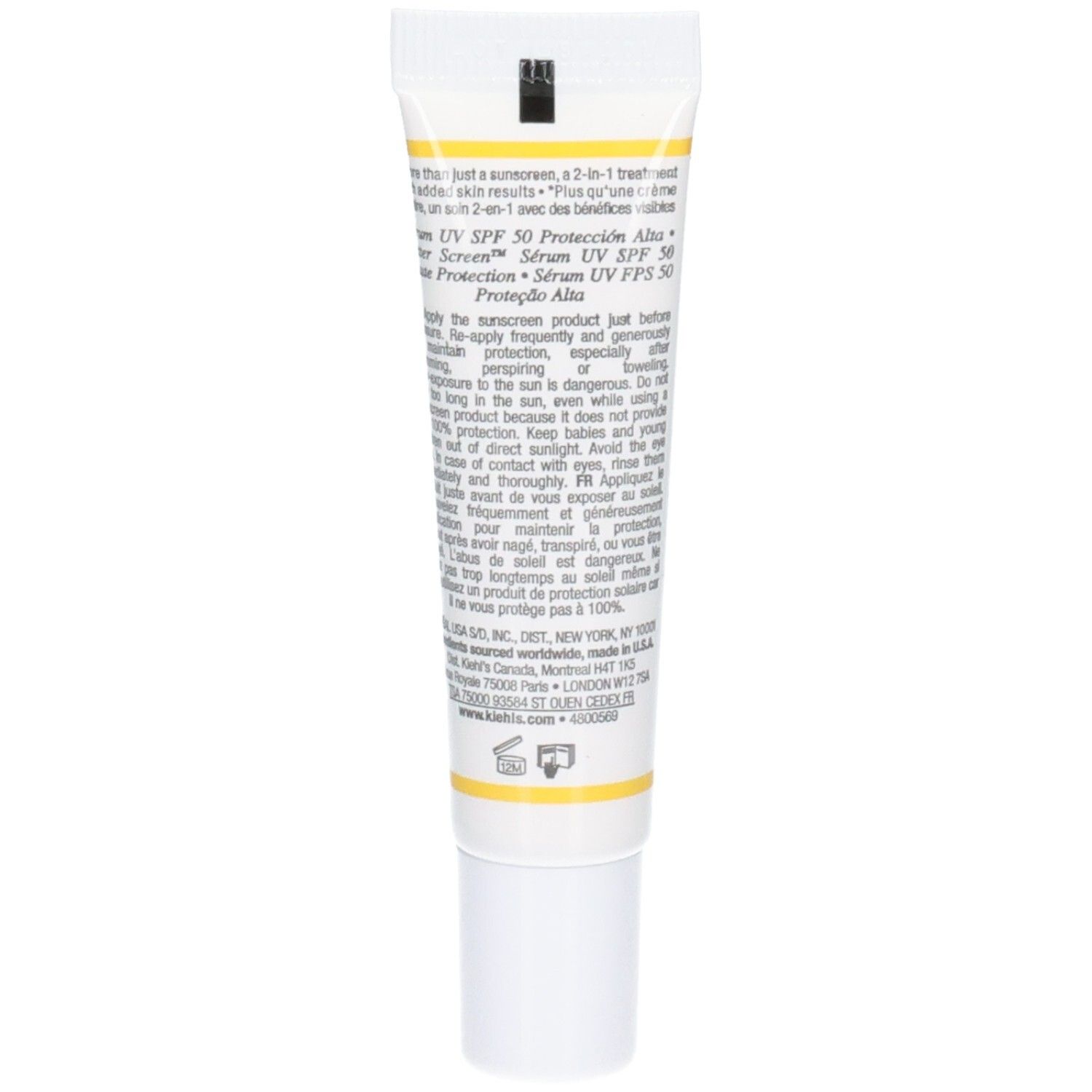Arrière du tube Kiehl's Better Screen UV Serum SPF50 avec instructions.