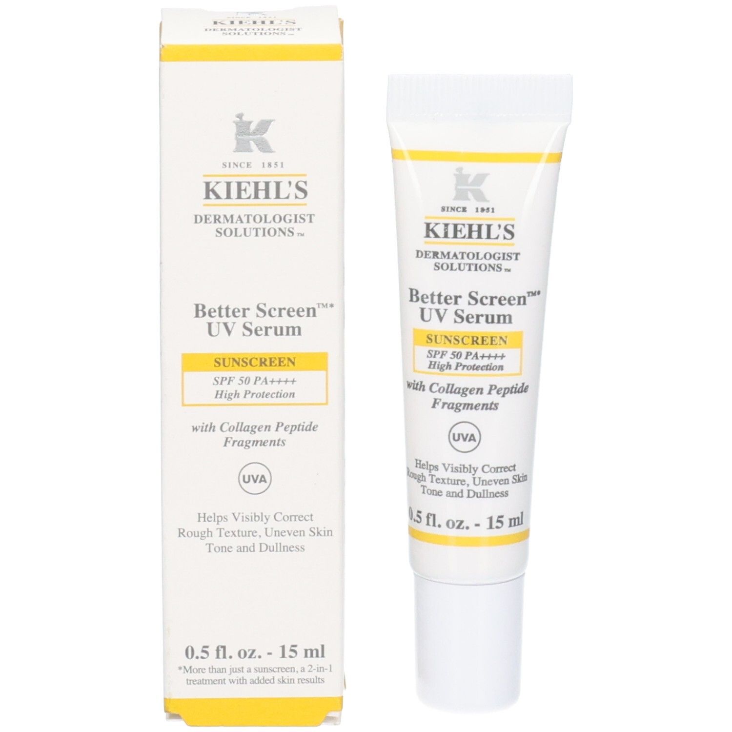 Tube et emballage Kiehl's Better Screen UV Serum SPF50, 15ml.