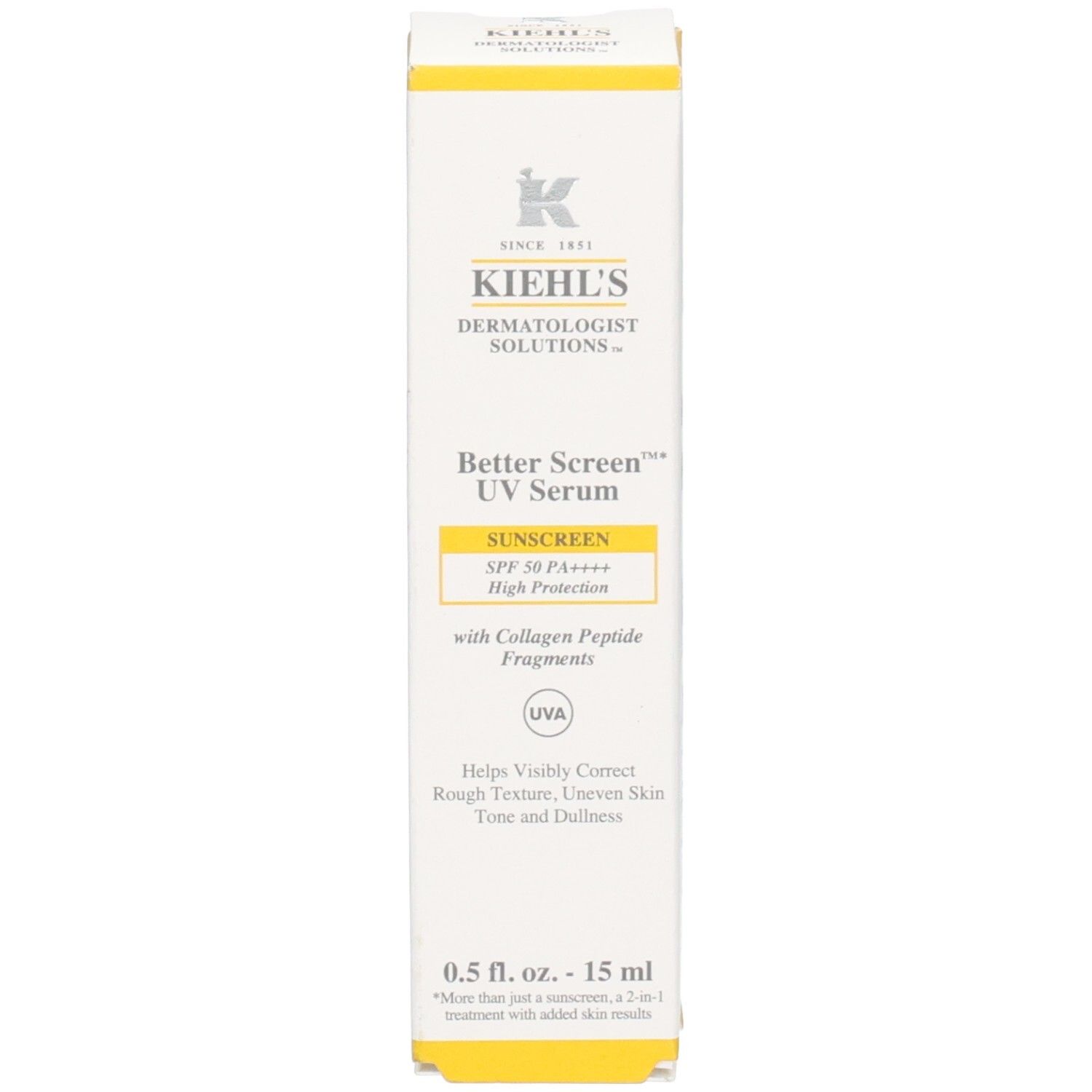Avant de l'emballage Kiehl's Better Screen UV Serum SPF50.