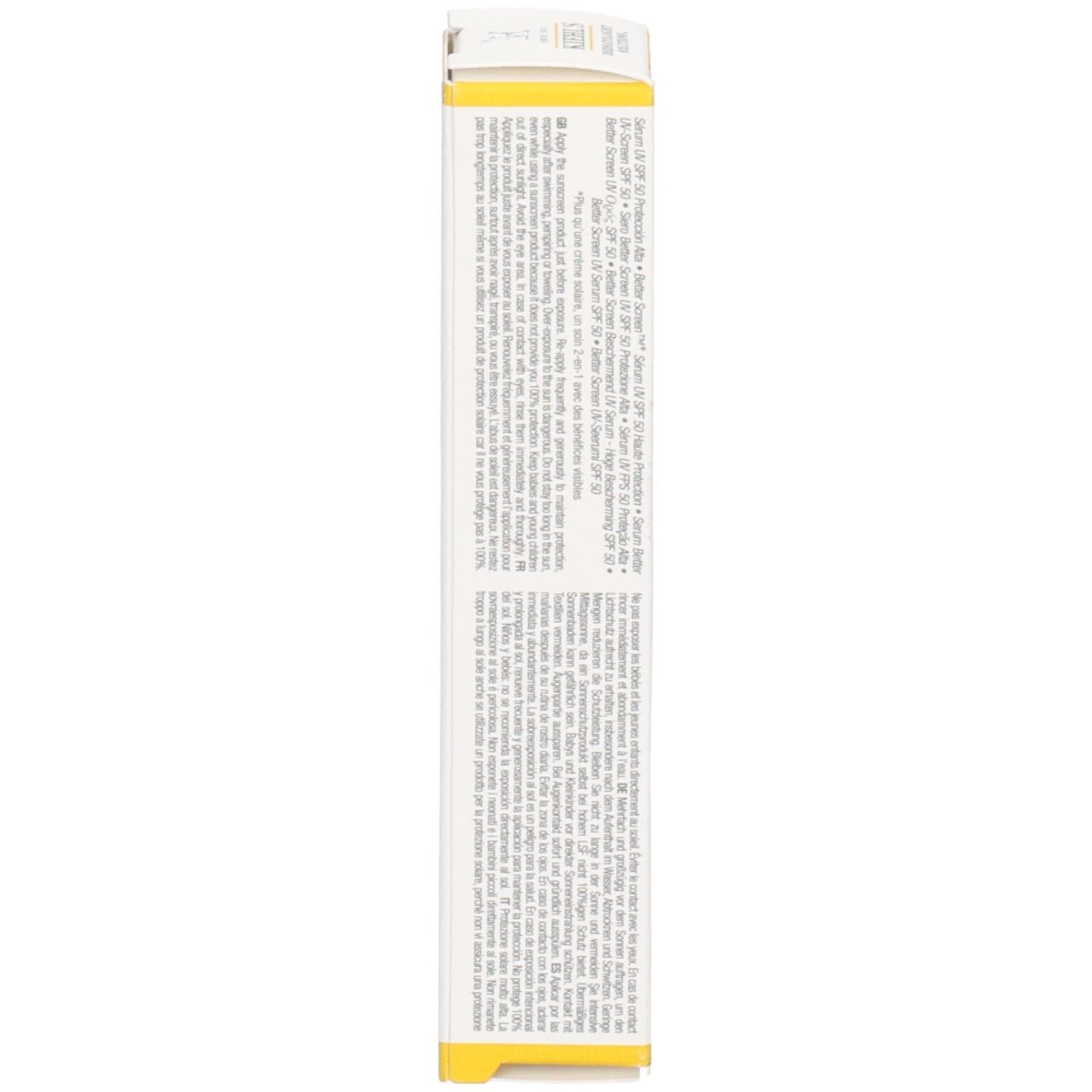 Vue latérale de l'emballage Kiehl's Better Screen UV Serum SPF50 avec texte.