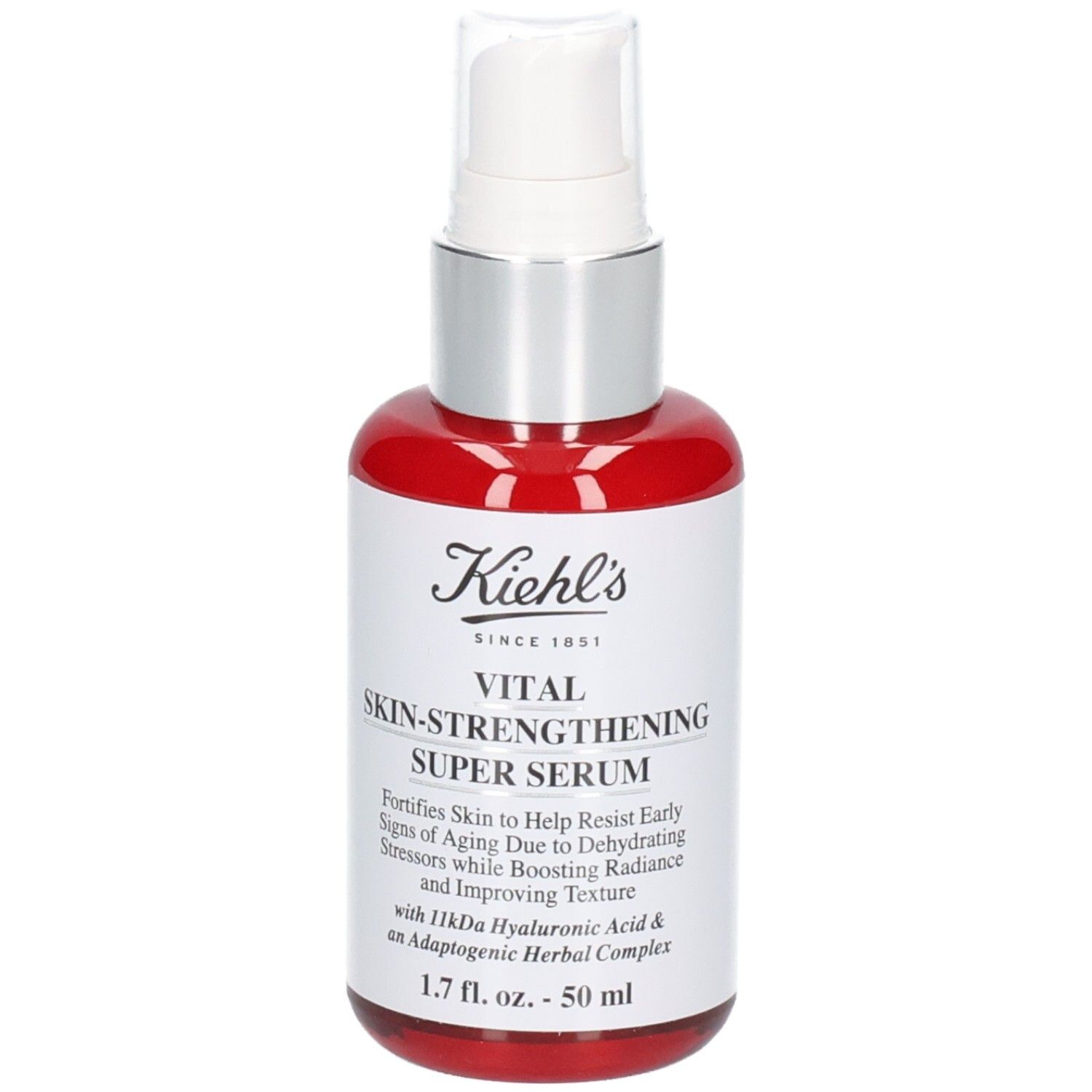 Flacon rouge avec pompe et étiquette blanche : KIEHL'S Vital Skin-Strengthening Super Serum, 50 ml.