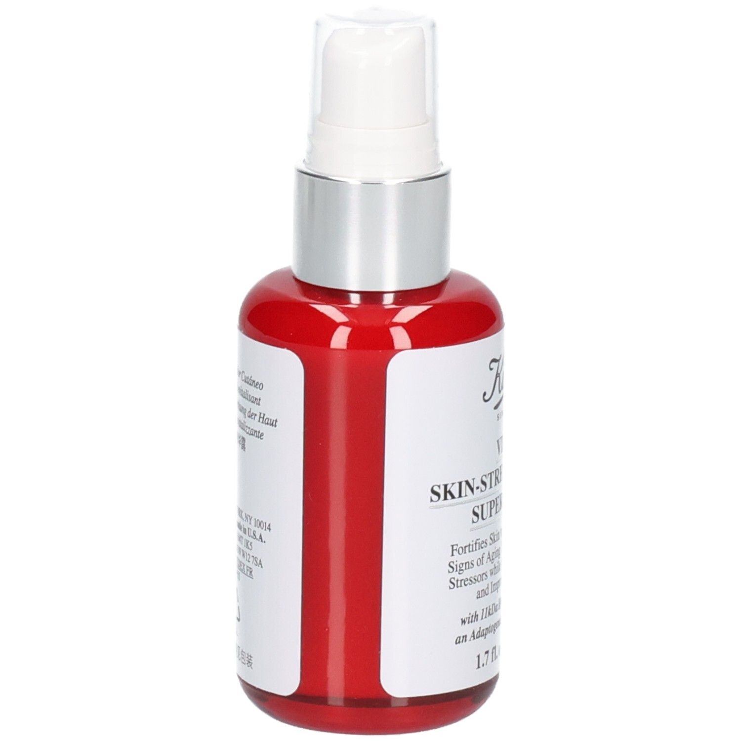 Flacon rouge avec pompe, vue latérale. KIEHL'S Vital Skin-Strengthening Super Serum, 50 ml.