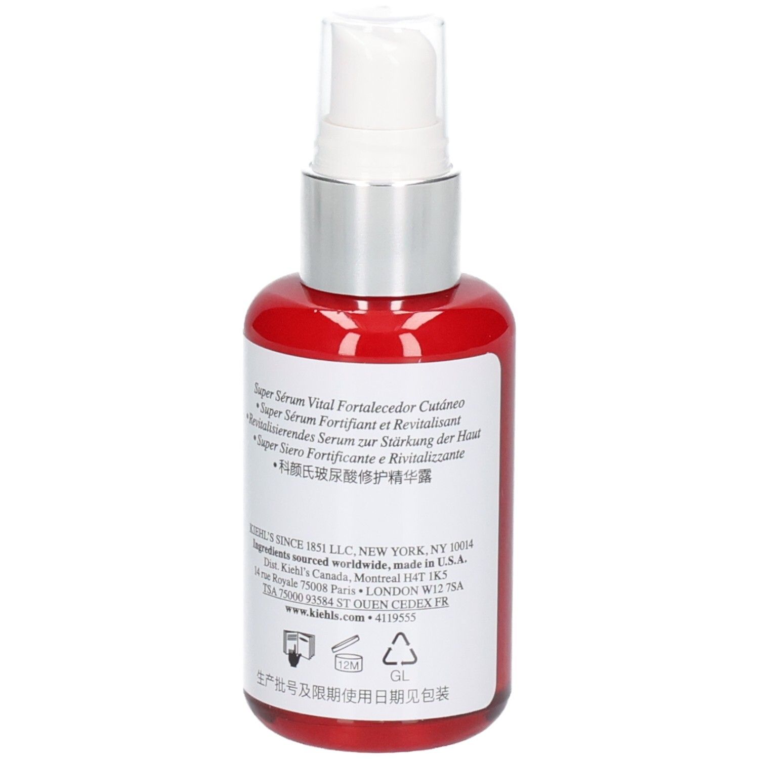 Flacon rouge avec pompe, verso avec informations produit. KIEHL'S Vital Skin-Strengthening Super Serum, 50 ml.