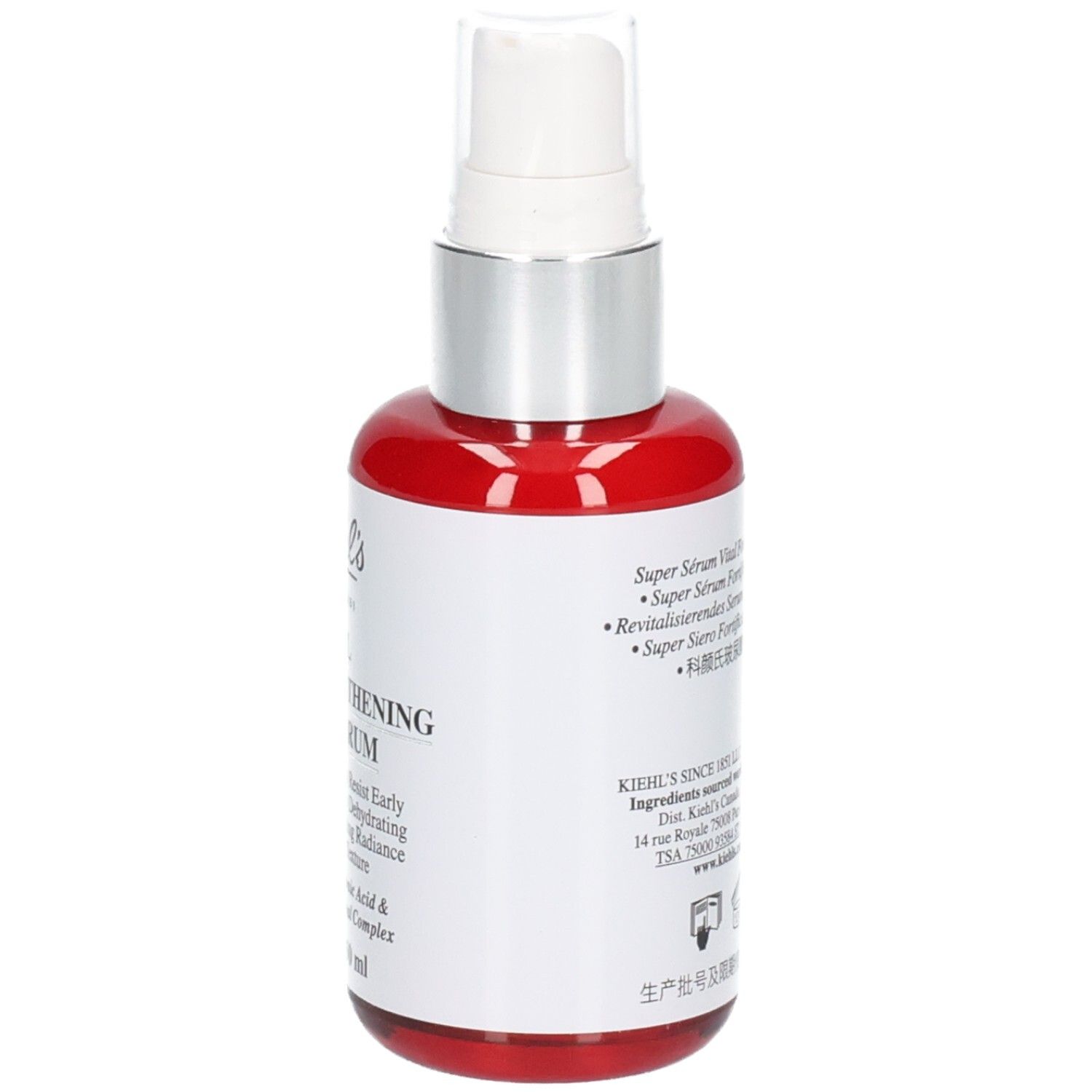Flacon rouge avec pompe, vue arrière en biais. KIEHL'S Vital Skin-Strengthening Super Serum, 50 ml.