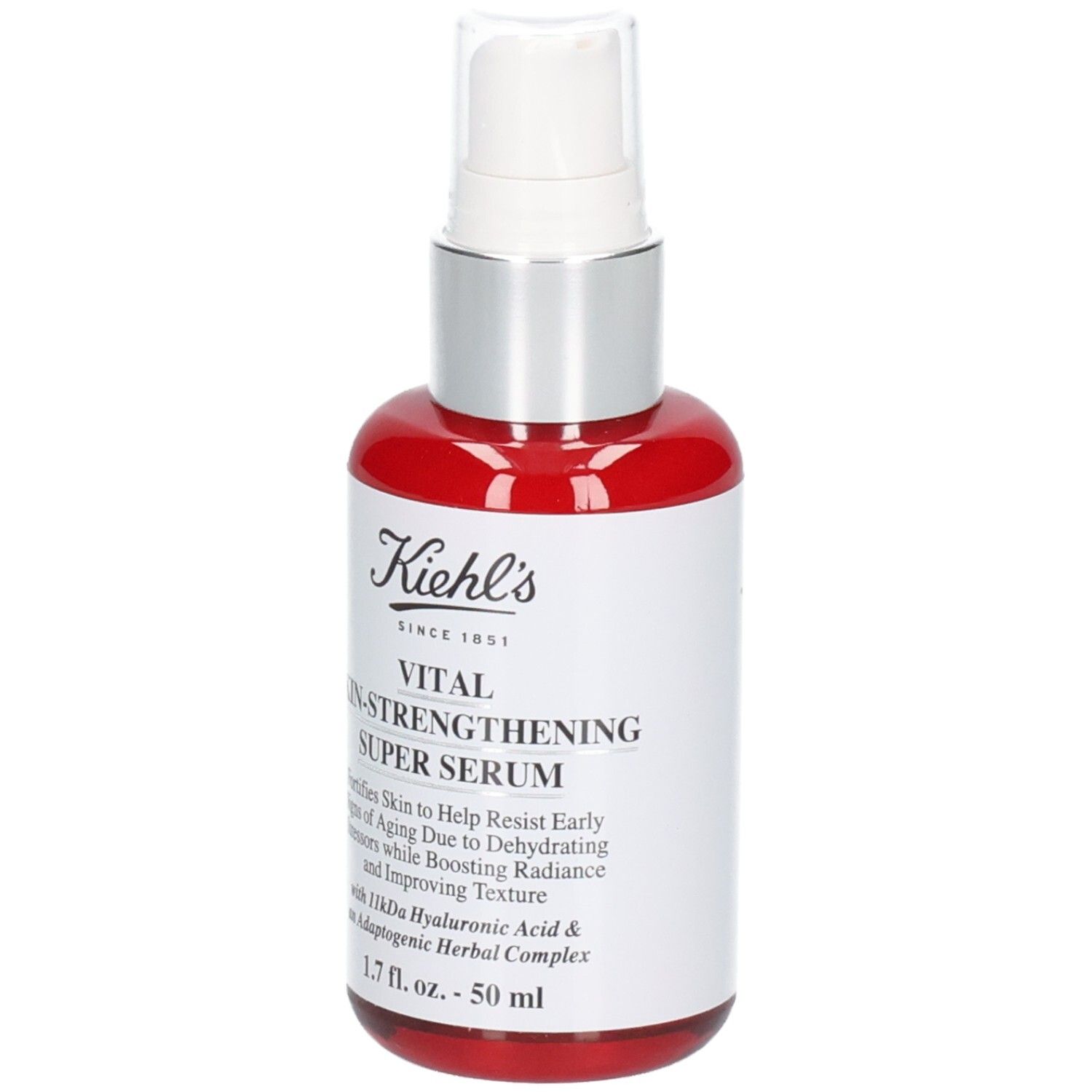 Flacon rouge avec pompe et étiquette blanche : KIEHL'S Vital Skin-Strengthening Super Serum, 50 ml.