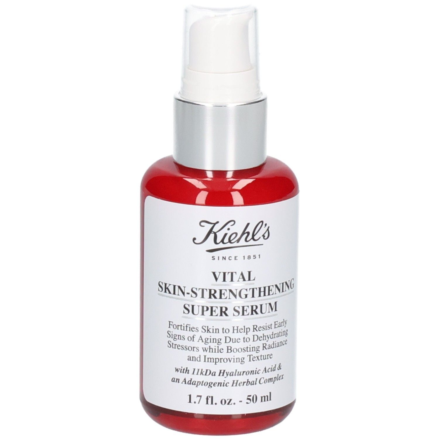 Flacon rouge avec pompe et étiquette blanche : KIEHL'S Vital Skin-Strengthening Super Serum, 50 ml.