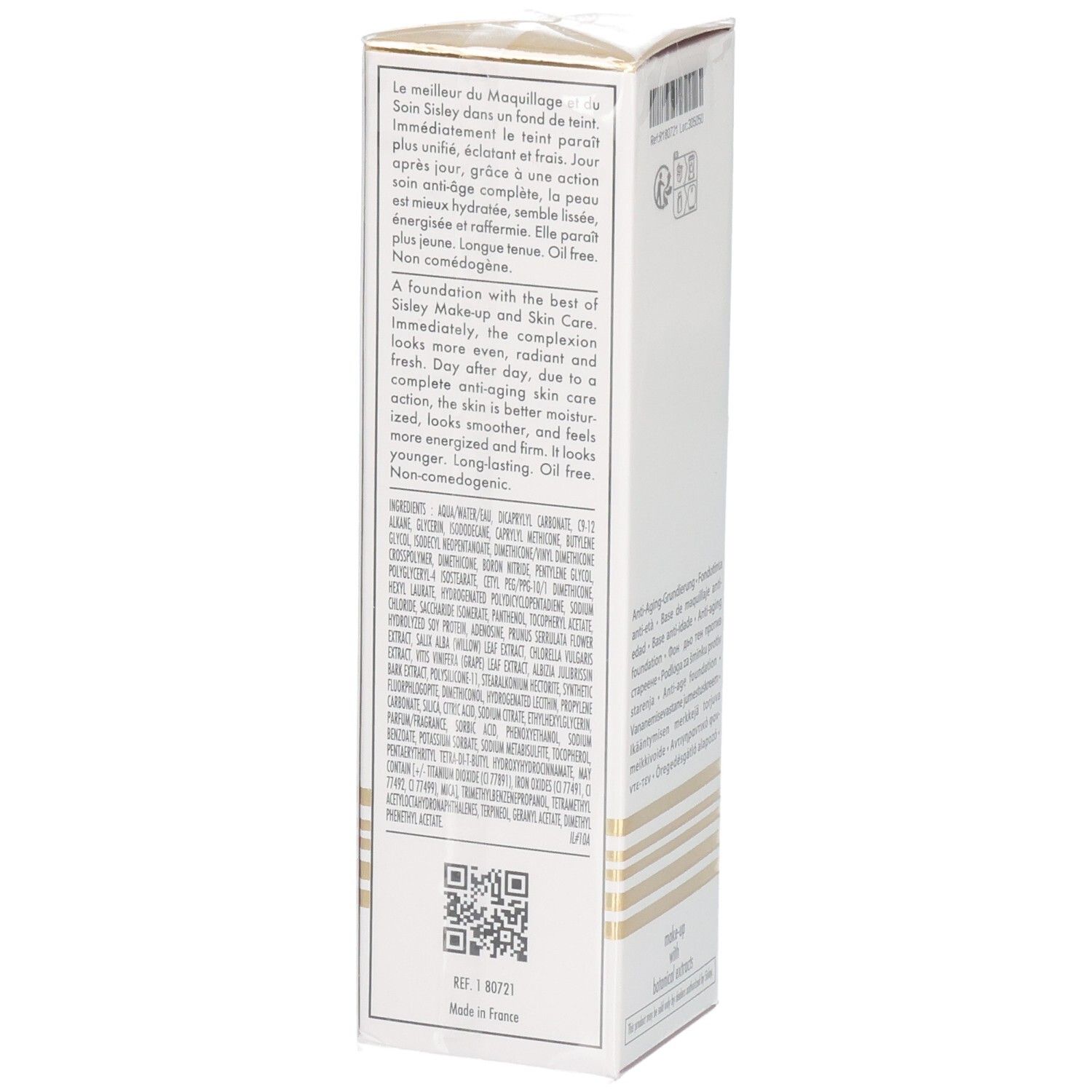 SISLEY Sisleya Le Teint Fond de teint anti-âge, côté avec ingrédients et QR code.