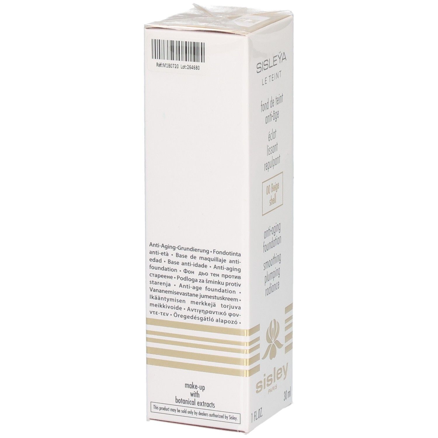 SISLEY Sisleya Le Teint Fond de teint anti-âge, dos avec informations produit multilingues et code-barres.
