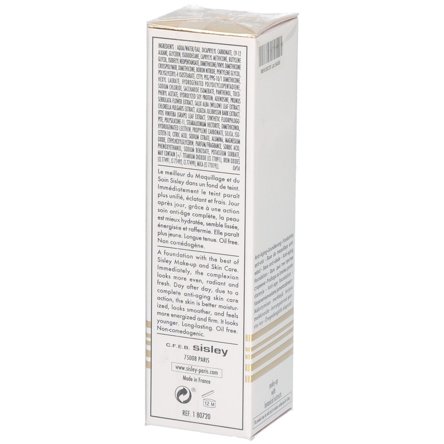 SISLEY Sisleya Le Teint Fond de teint anti-âge, côté avec liste d'ingrédients et description du produit.