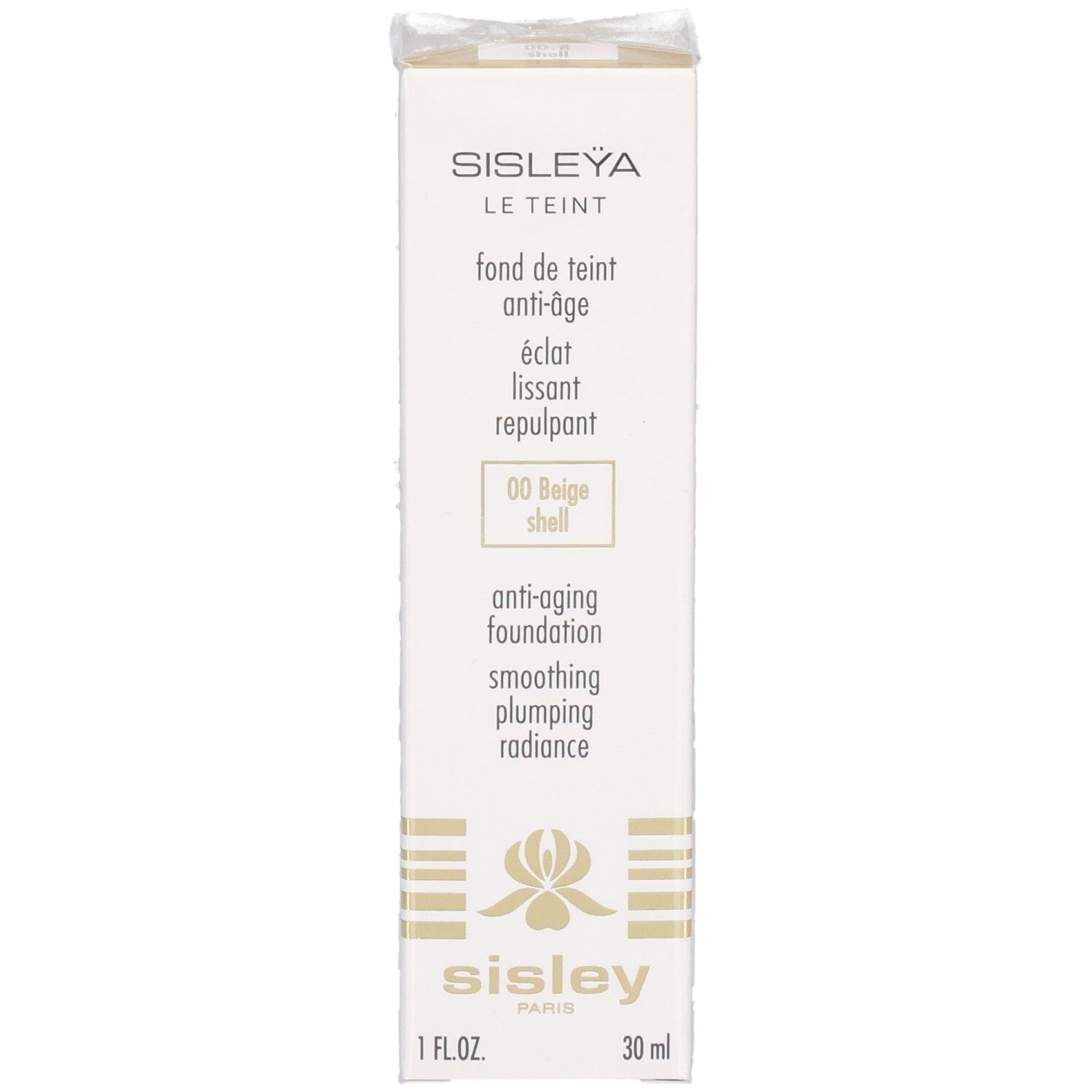 SISLEY Sisleya Le Teint Fond de teint anti-âge, face avant avec nom du produit et teinte 00 Beige Shell.