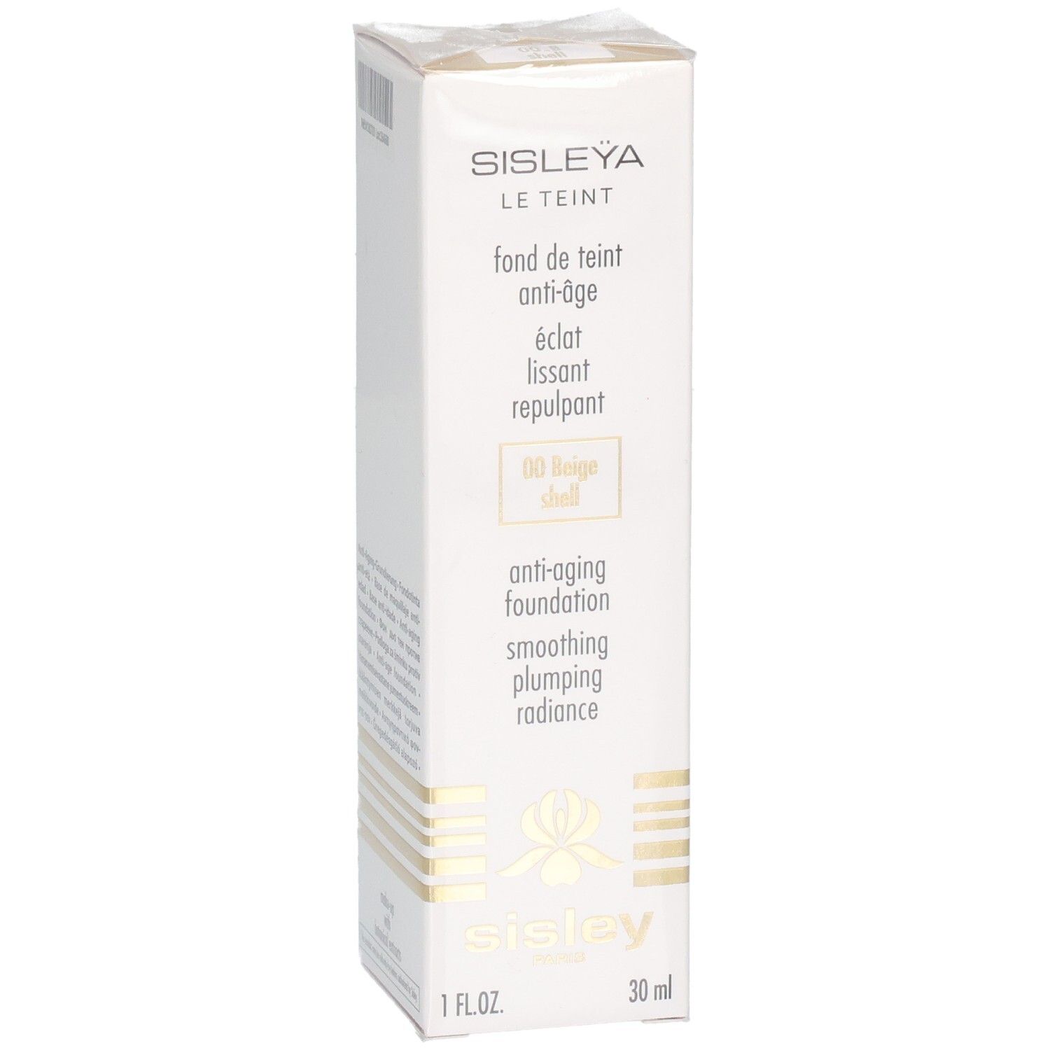 SISLEY Sisleya Le Teint Fond de teint anti-âge, emballage avec nom du produit et teinte 00 Beige Shell.