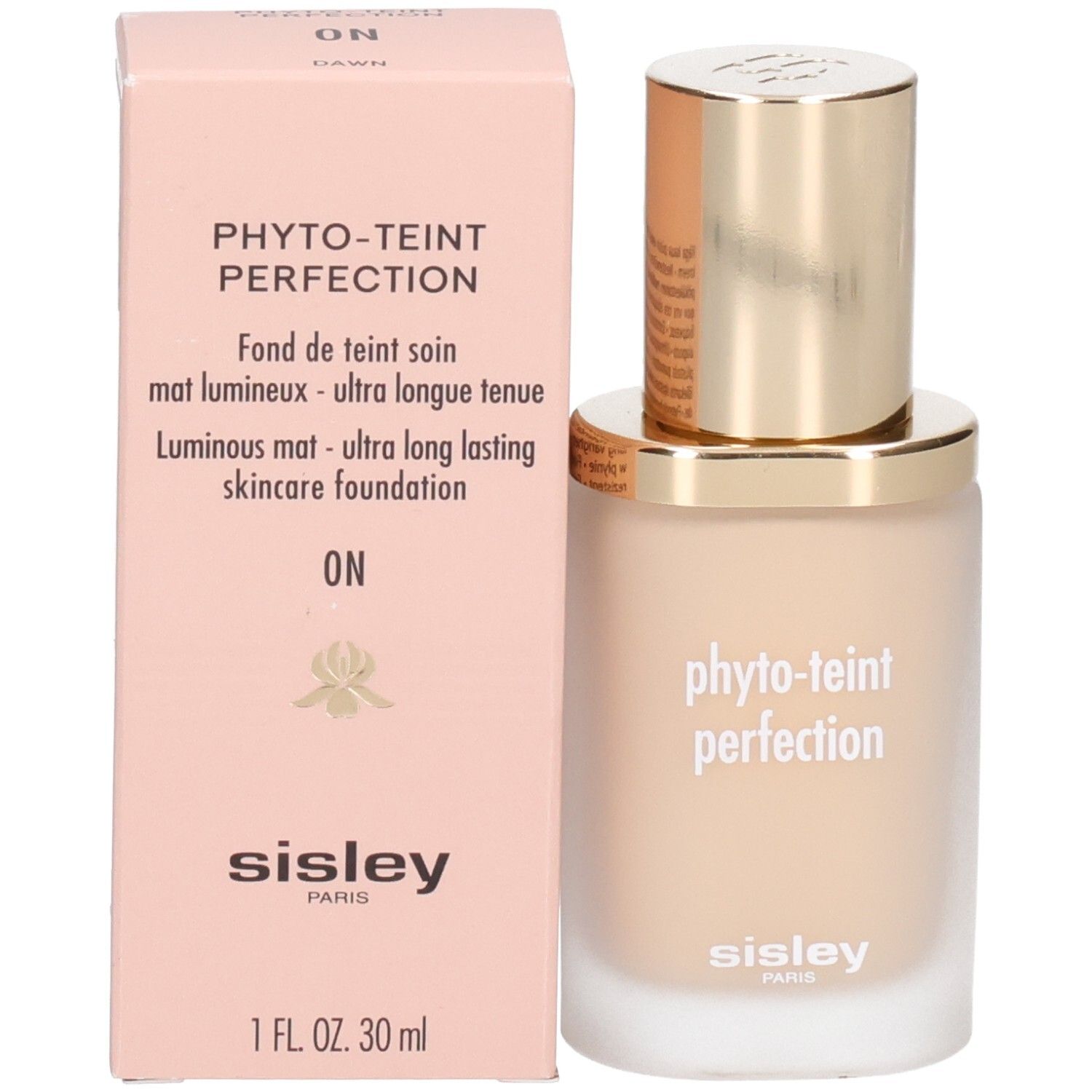 Flacon de fond de teint Sisley Phyto-Teint Perfection à côté de son emballage rose avec informations produit.
