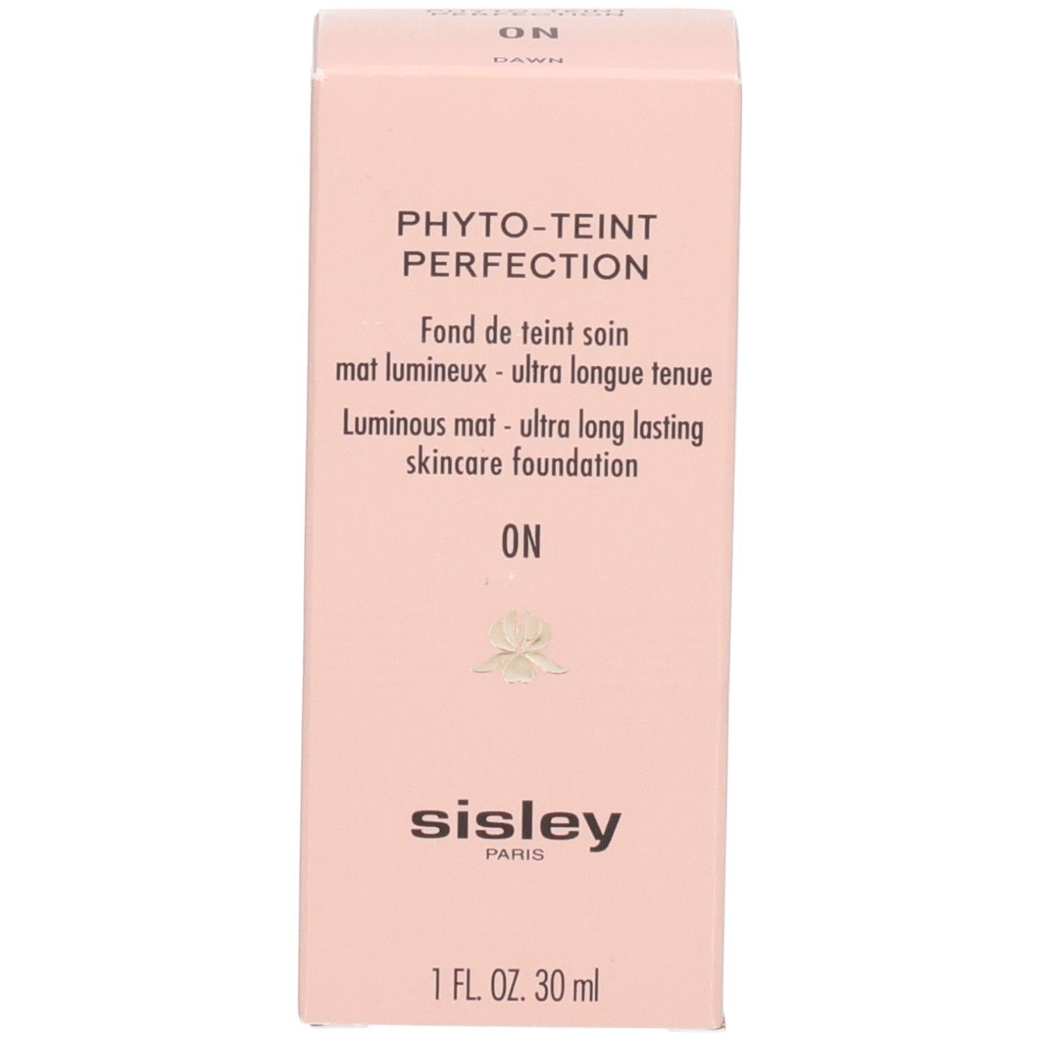 Flacon de fond de teint Sisley Phyto-Teint Perfection à côté de son emballage rose avec informations produit.