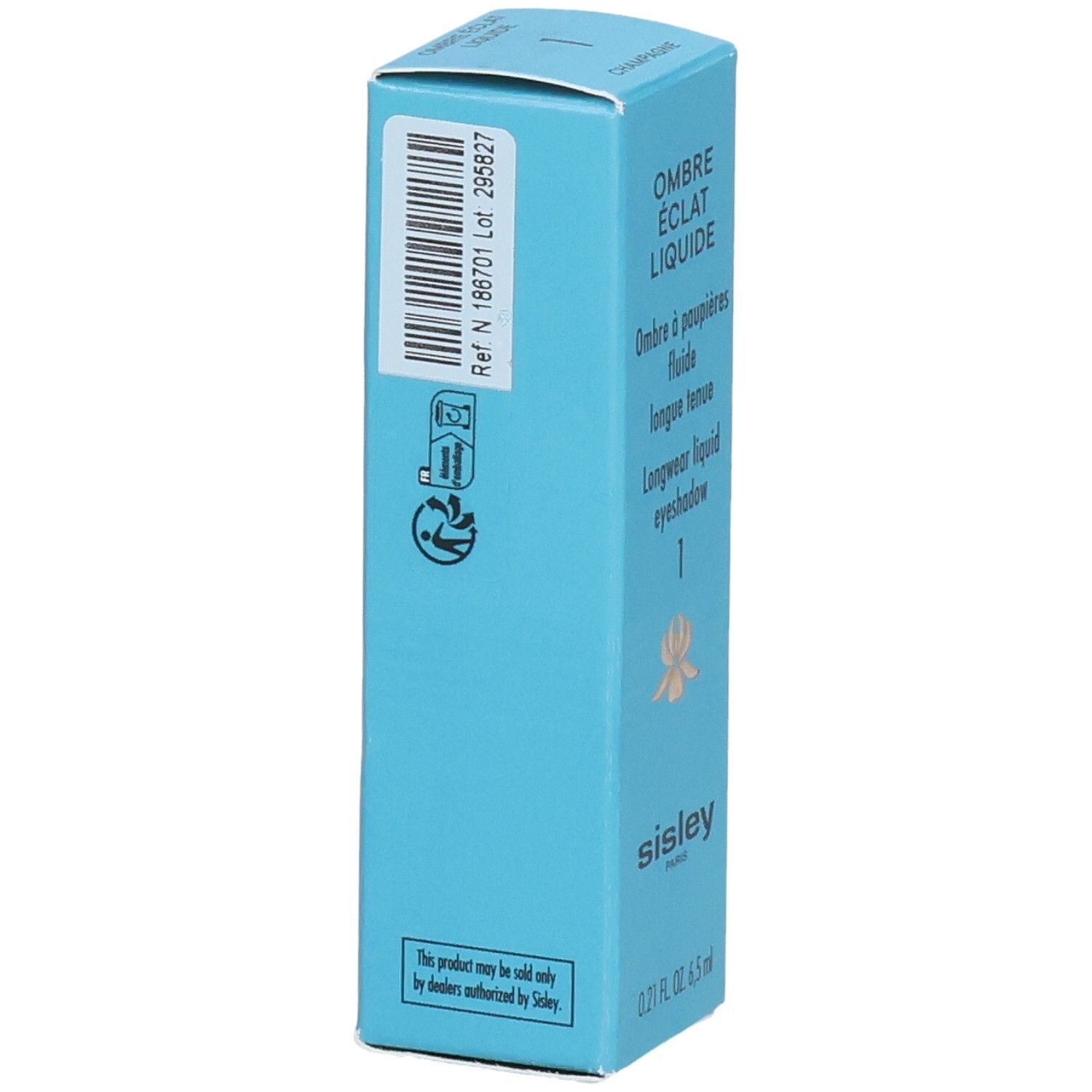 Sisley Ombre Éclat Liquide fard à paupières liquide longue tenue, couleur 1 Champagne, 6,5 ml, dos avec code-barres et informations.