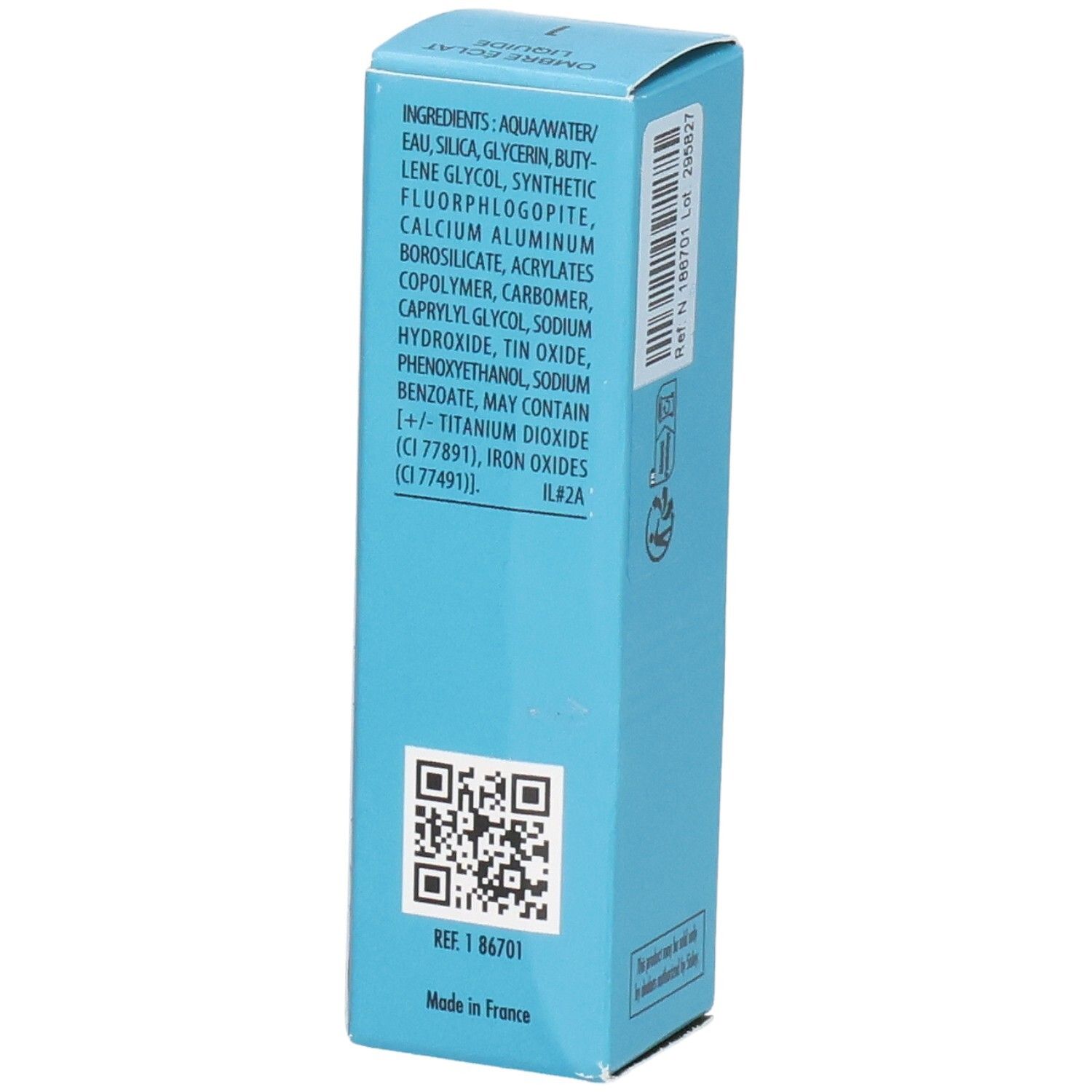 Sisley Ombre Éclat Liquide fard à paupières liquide longue tenue, couleur 1 Champagne, 6,5 ml, dos avec ingrédients et QR code.