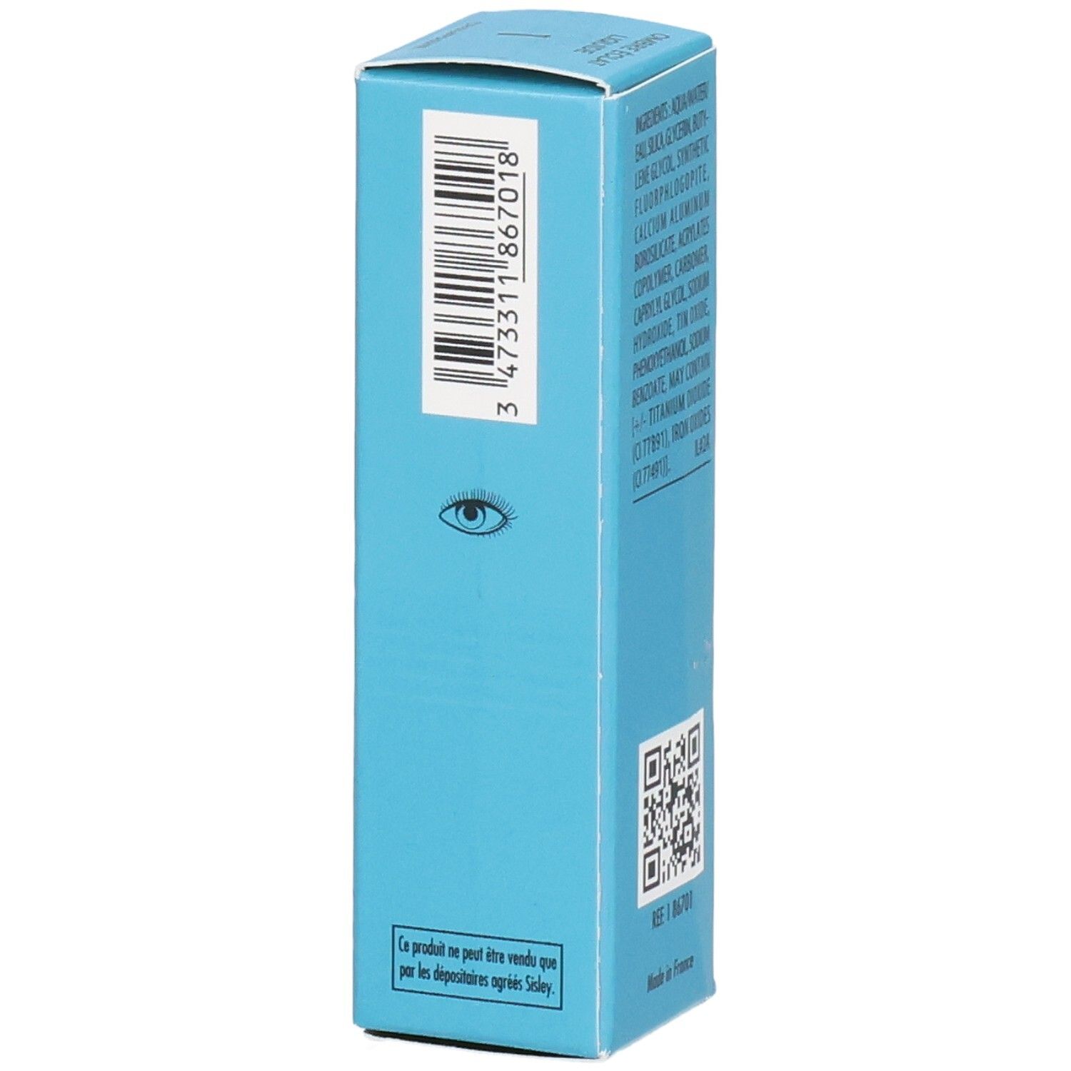Sisley Ombre Éclat Liquide fard à paupières liquide longue tenue, couleur 1 Champagne, 6,5 ml, côté avec code-barres et symbole œil.