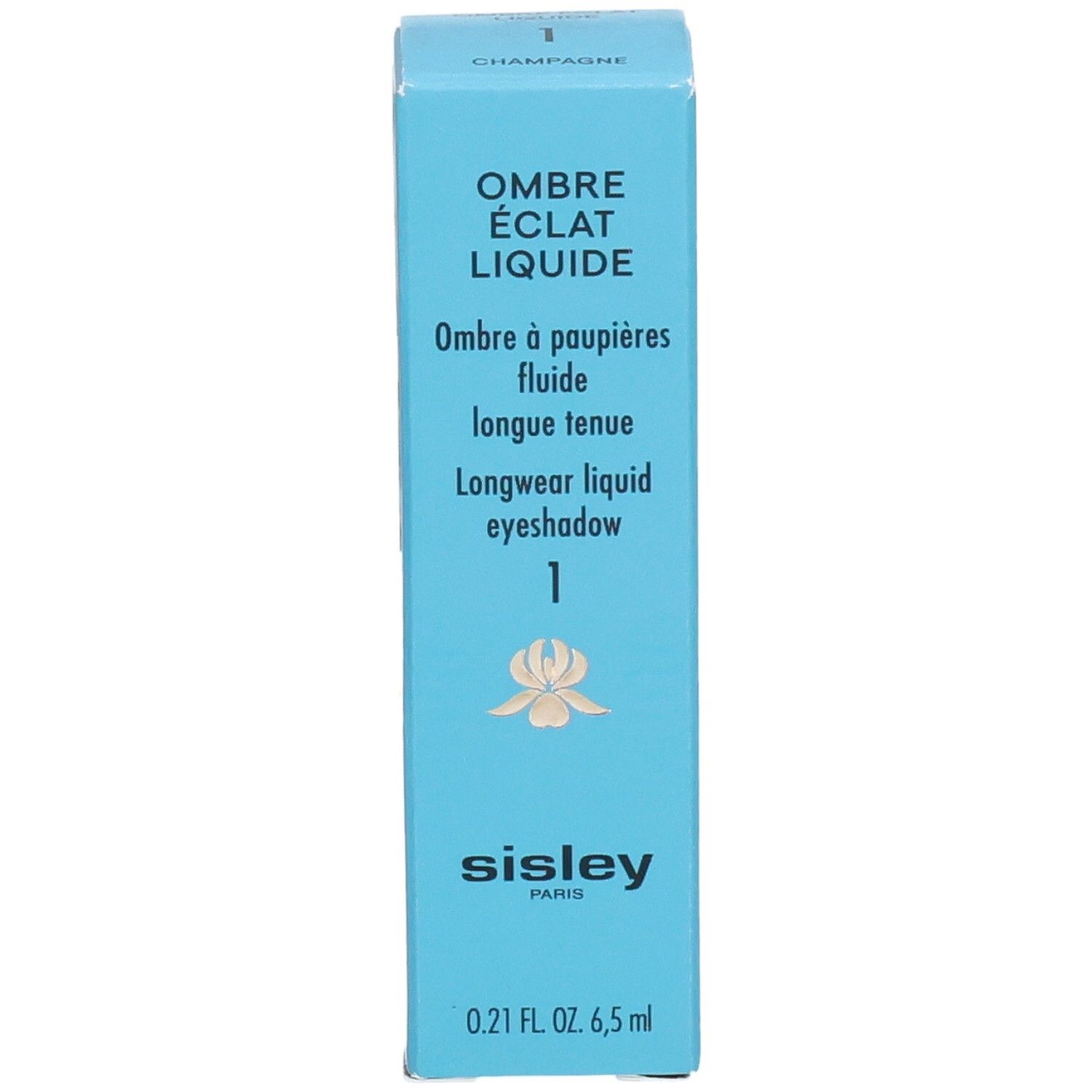 Sisley Ombre Éclat Liquide fard à paupières liquide longue tenue, couleur 1 Champagne, 6,5 ml, face avant avec nom produit et logo.