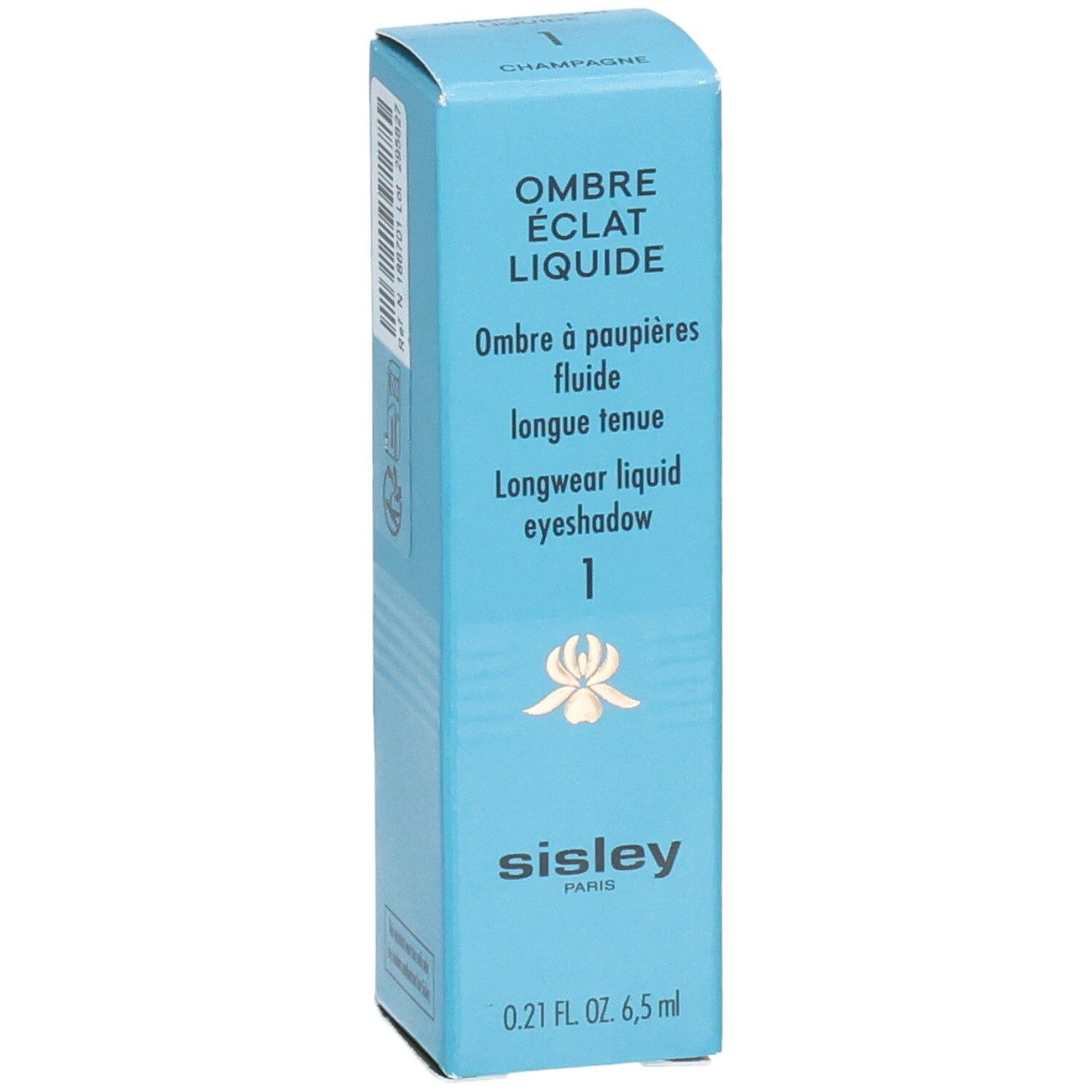 Sisley Ombre Éclat Liquide fard à paupières liquide longue tenue, couleur 1 Champagne, 6,5 ml, face avant avec nom produit et logo.
