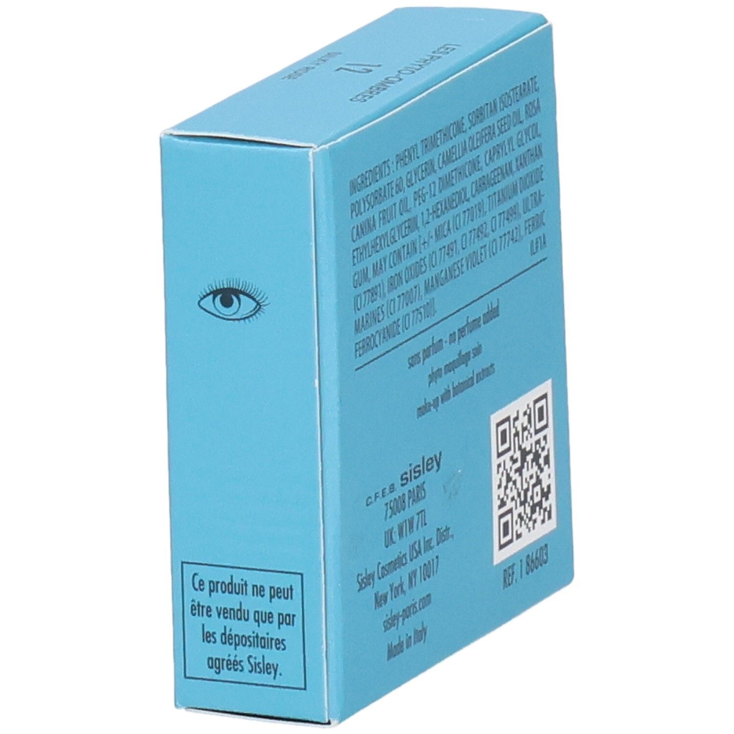 Boîte Sisley Les Phyto-Ombres, côté avec symbole d'œil et mention.