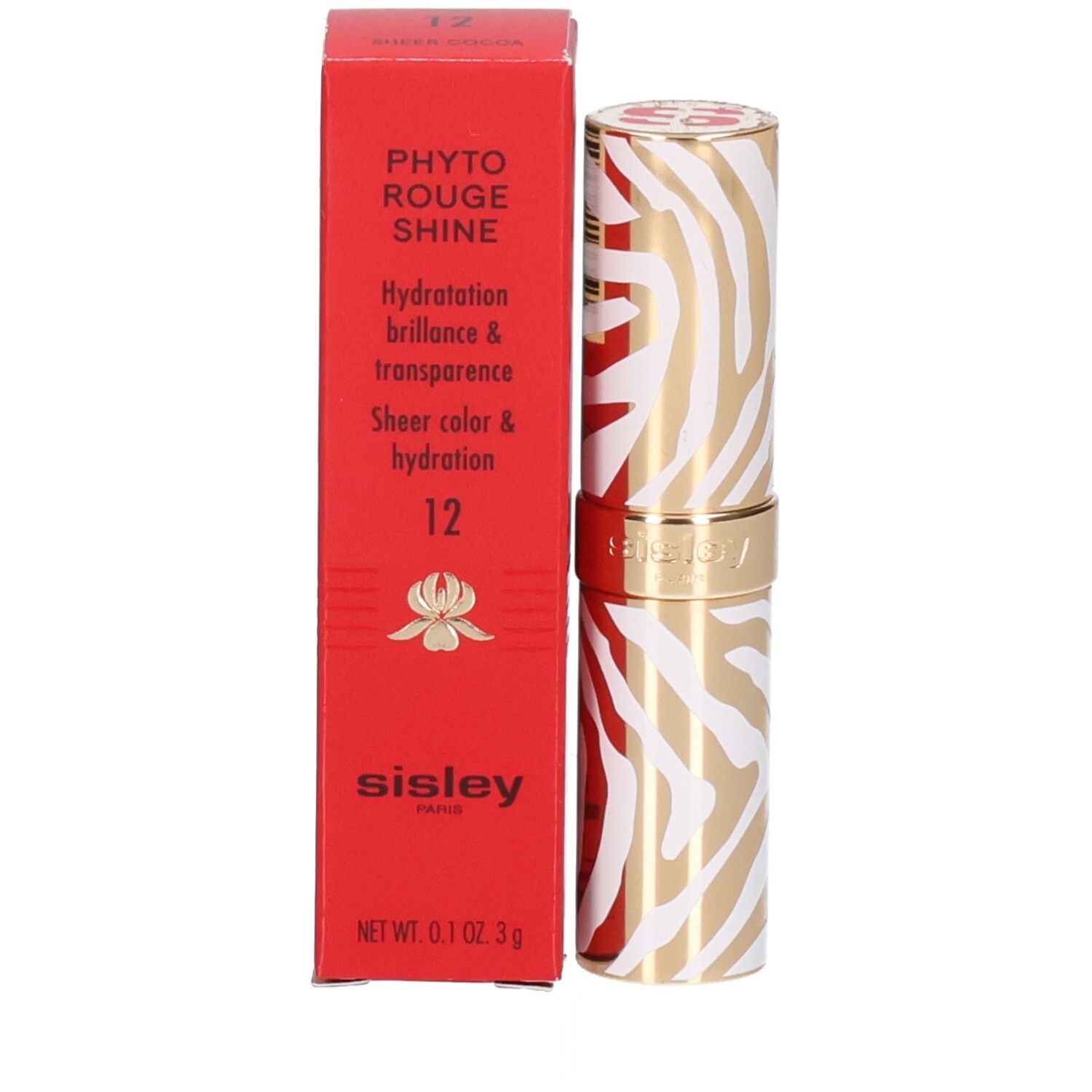 Rouge à lèvres Sisley Phyto Rouge Shine, motif zèbre or et blanc.