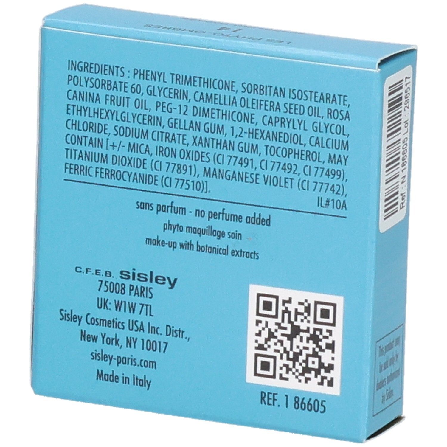 Boîte Sisley Les Phyto-Ombres, dos avec liste des ingrédients et adresses.