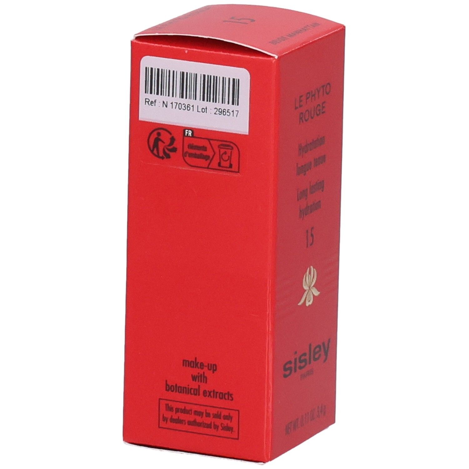 Sisley Le Phyto Rouge Rouge à lèvres, boîte rouge avec code-barres et symboles.