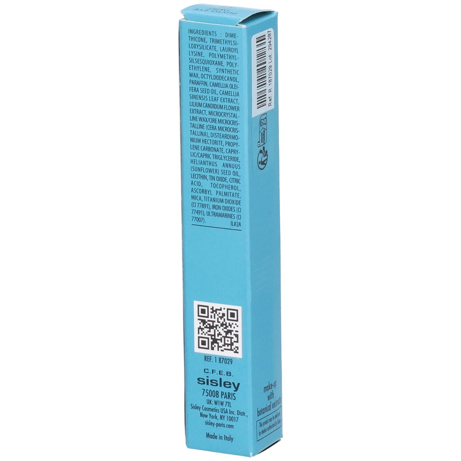 Emballage Sisley Phyto Eye Twist, verso avec liste des ingrédients et code QR.