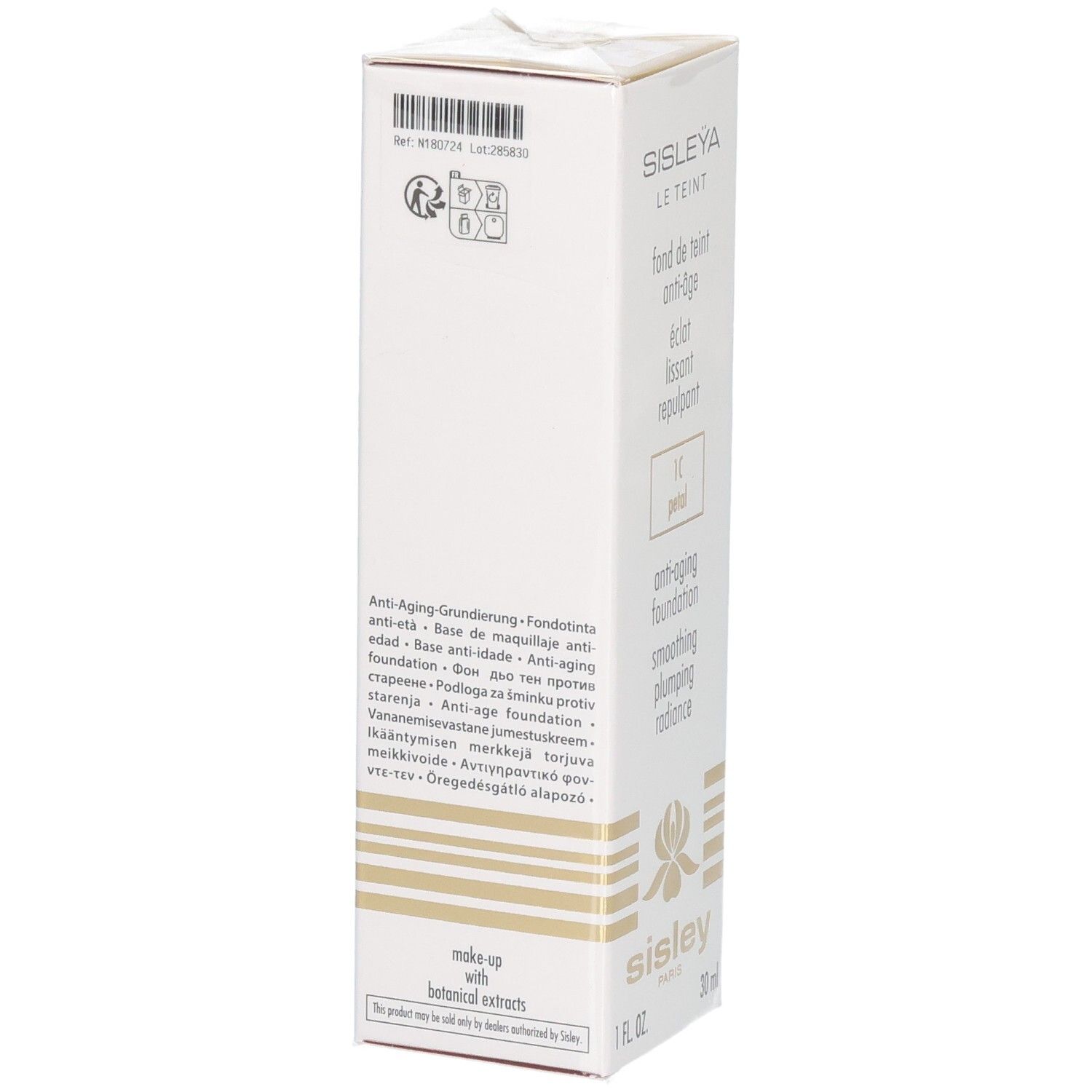 Boîte Sisley Sisleya Le Teint Fond de Teint, verso avec informations produit, 1C Petal, 30ml.
