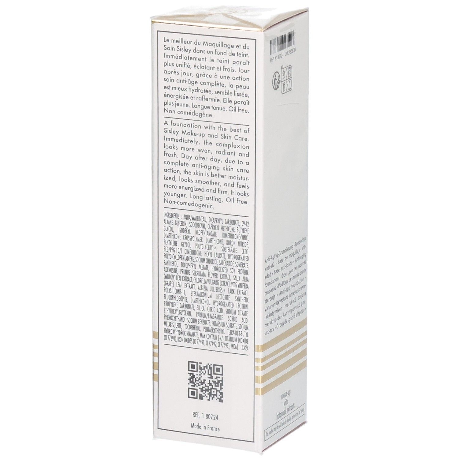 Boîte Sisley Sisleya Le Teint Fond de Teint, côté avec ingrédients et code QR, 1C Petal, 30ml.
