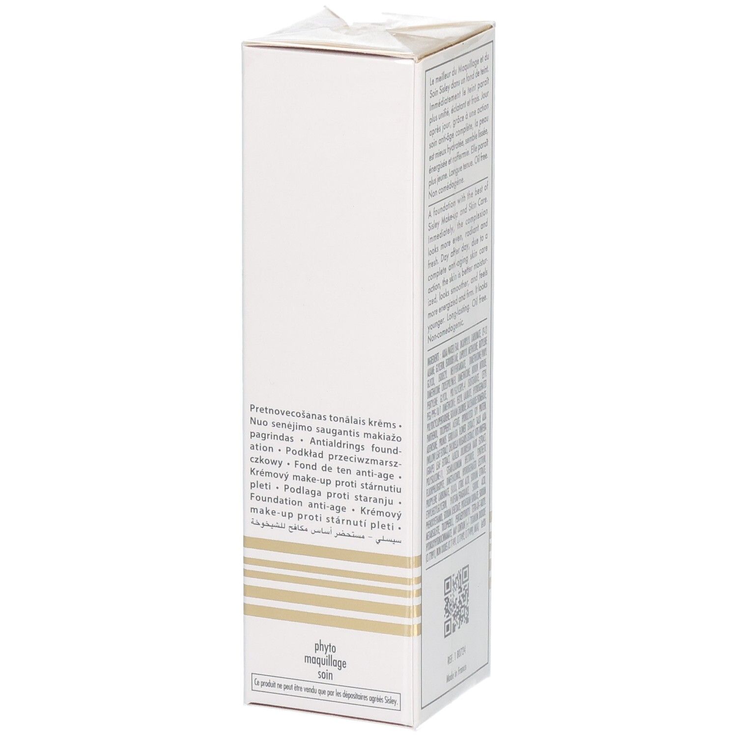 Boîte Sisley Sisleya Le Teint Fond de Teint, côté avec descriptions produit multilingues, 1C Petal, 30ml.