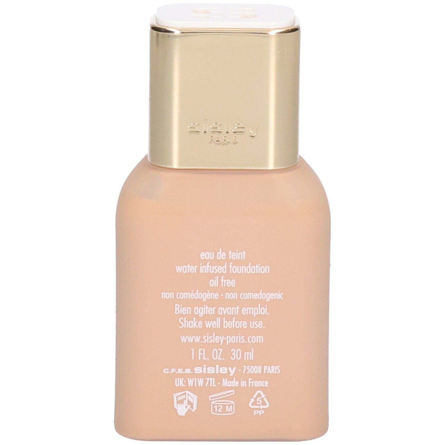 Arrière du flacon Sisley Phyto-Teint Nude Foundation. Détails: infusé d'eau, sans huile, 30ml, Fabriqué en France.