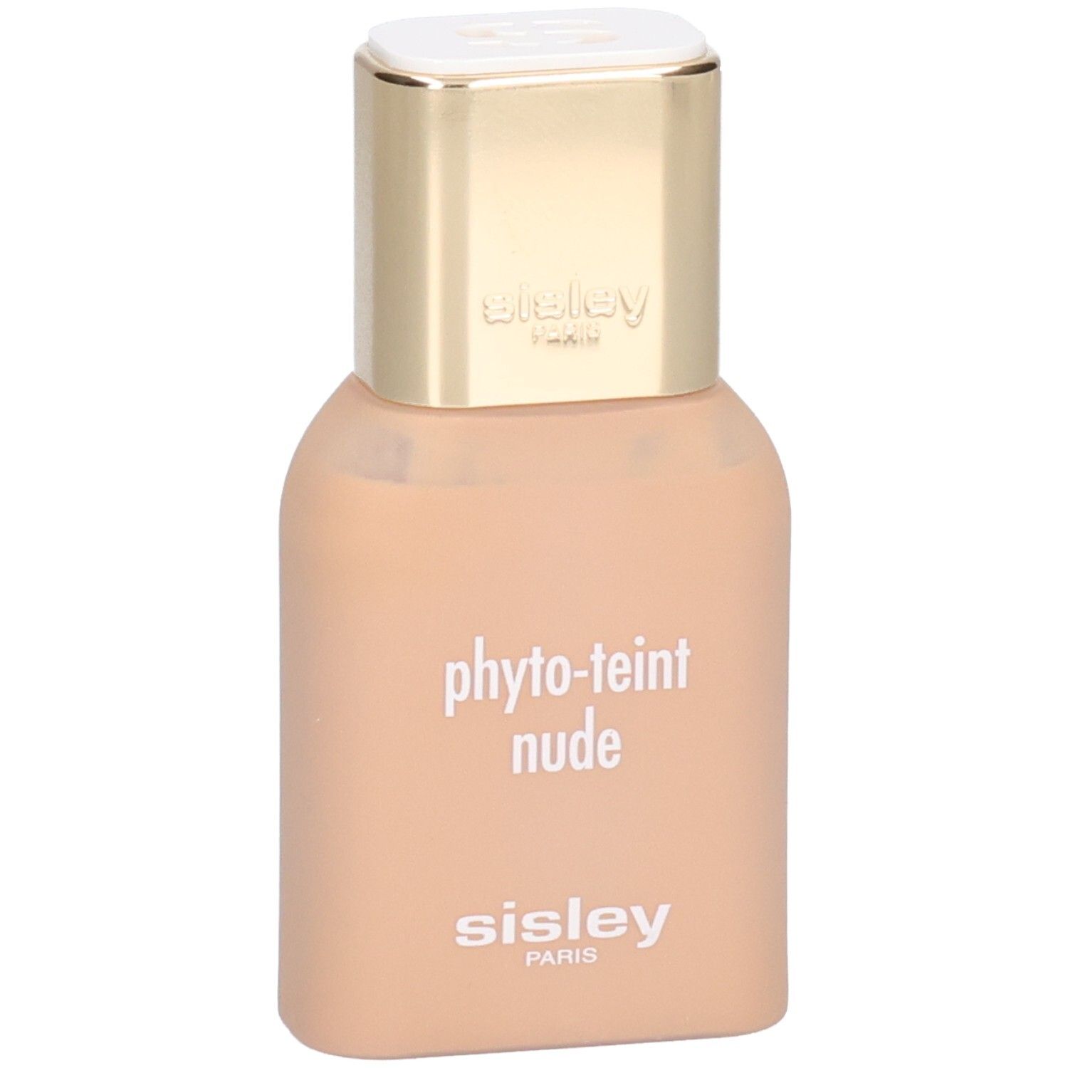 Sisley Phyto-Teint Nude Foundation, teinte Ivoire. Gros plan du flacon beige avec bouchon doré.