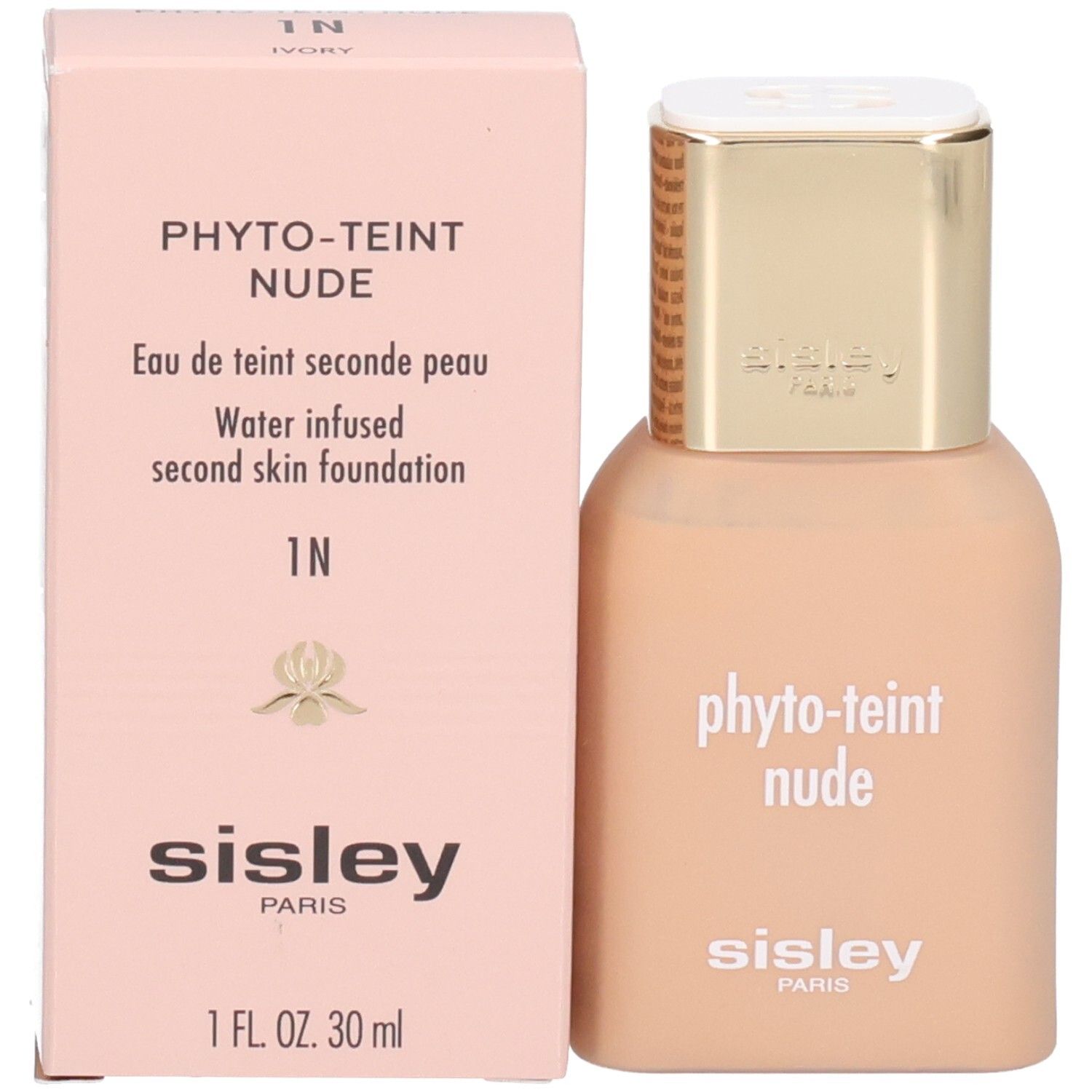 Sisley Phyto-Teint Nude Foundation (1N Ivoire) avec sa boîte. La boîte affiche les détails du produit.