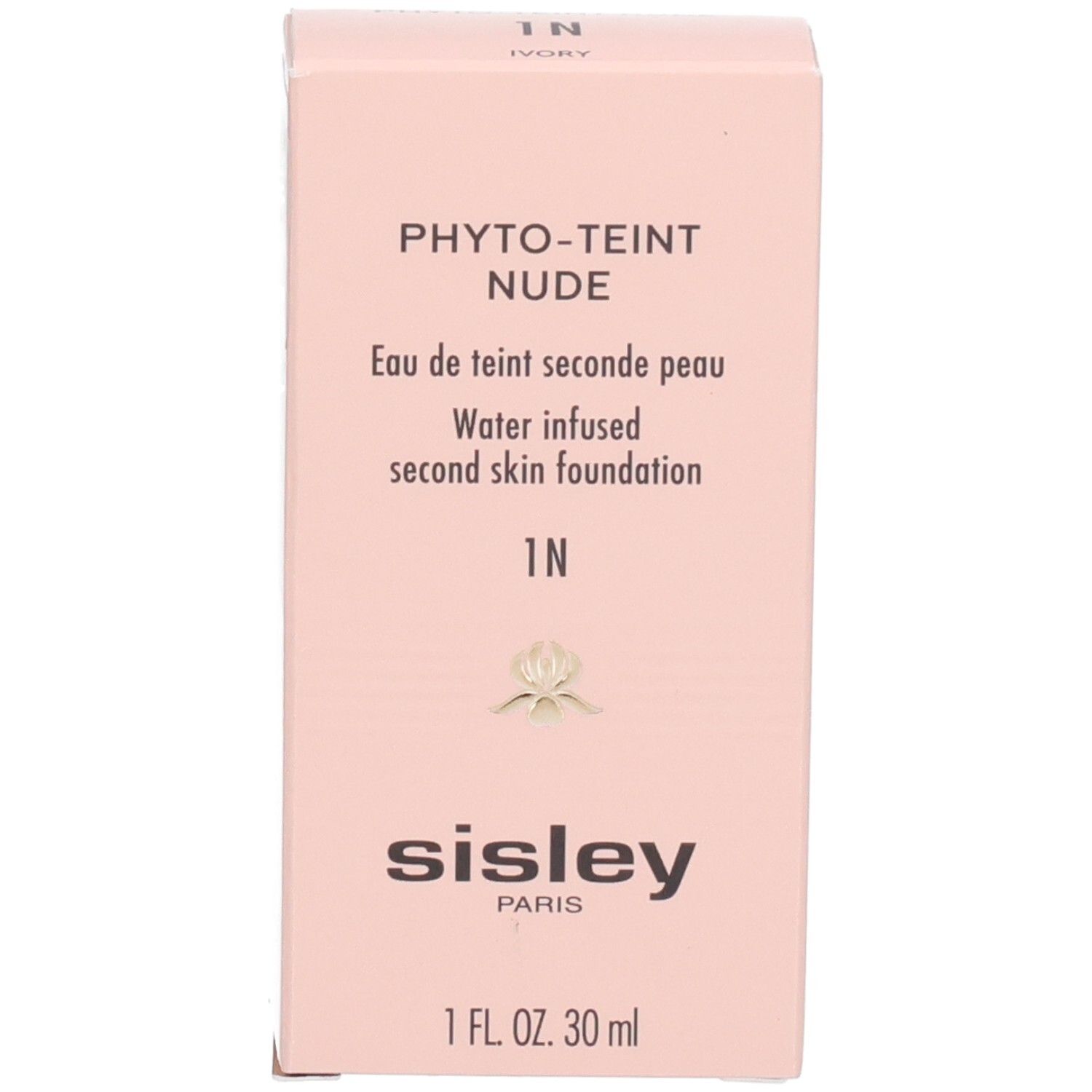 Boîte de vente Sisley Phyto-Teint Nude Foundation, teinte 1N Ivoire. Affiche le nom et la taille du produit.