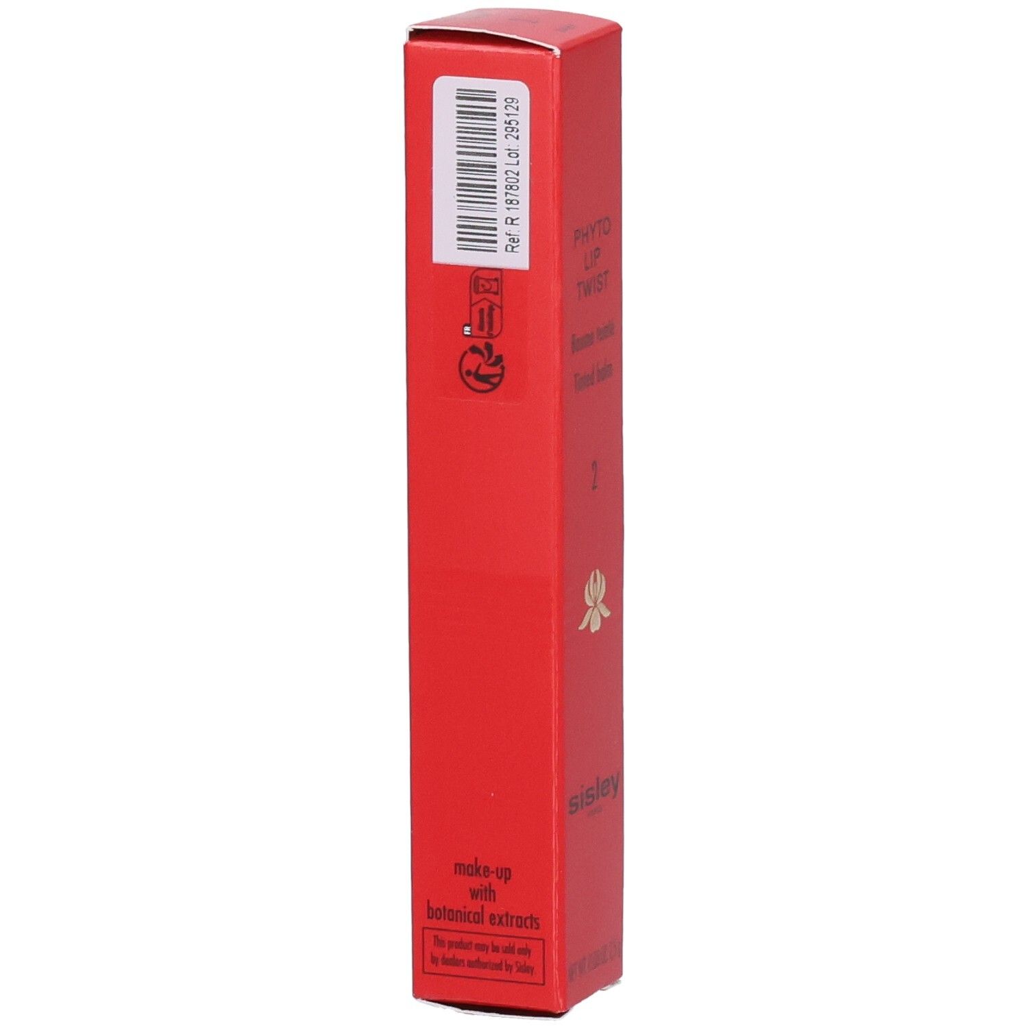 Sisley Phyto Lip Twist N°2, arrière de l'emballage rouge avec code-barres et informations.