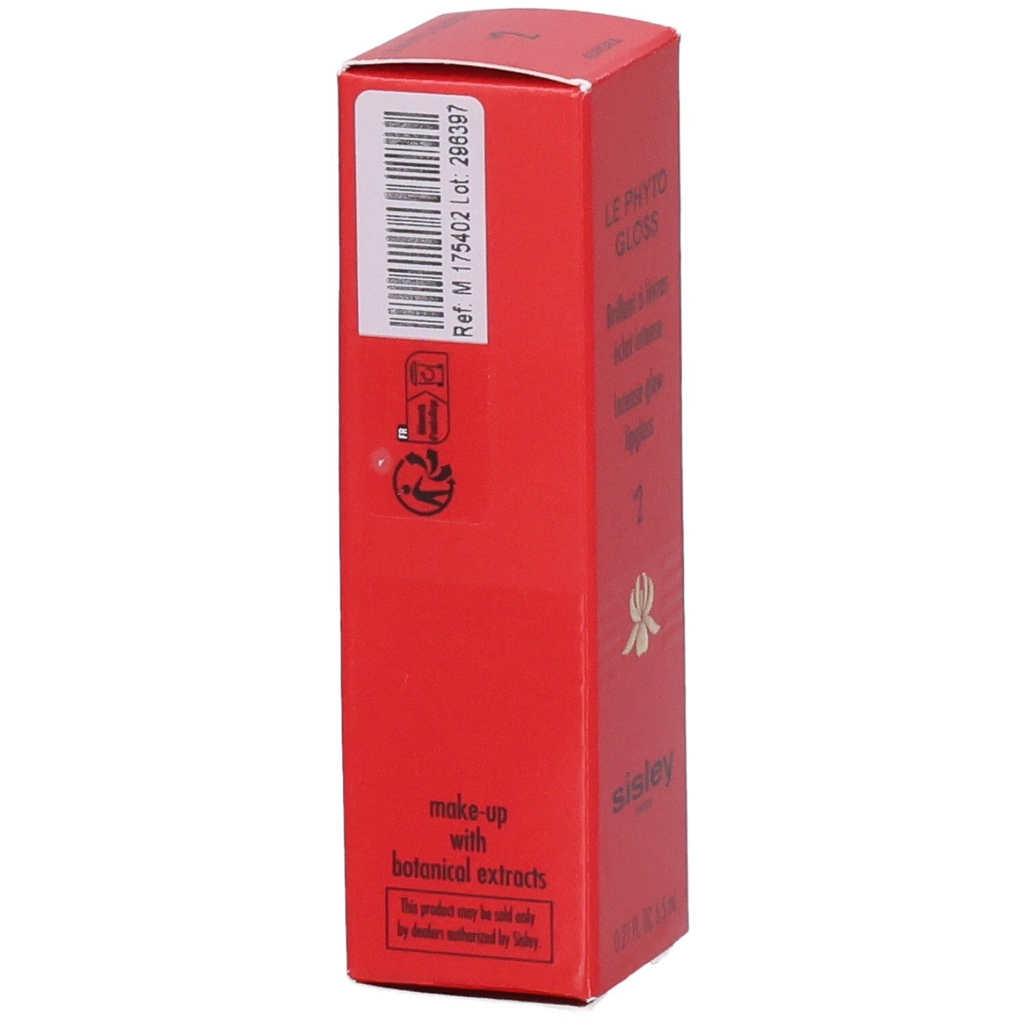 Emballage Sisley Le Phyto-Gloss rouge avec code-barres, instructions d'utilisation et logo.