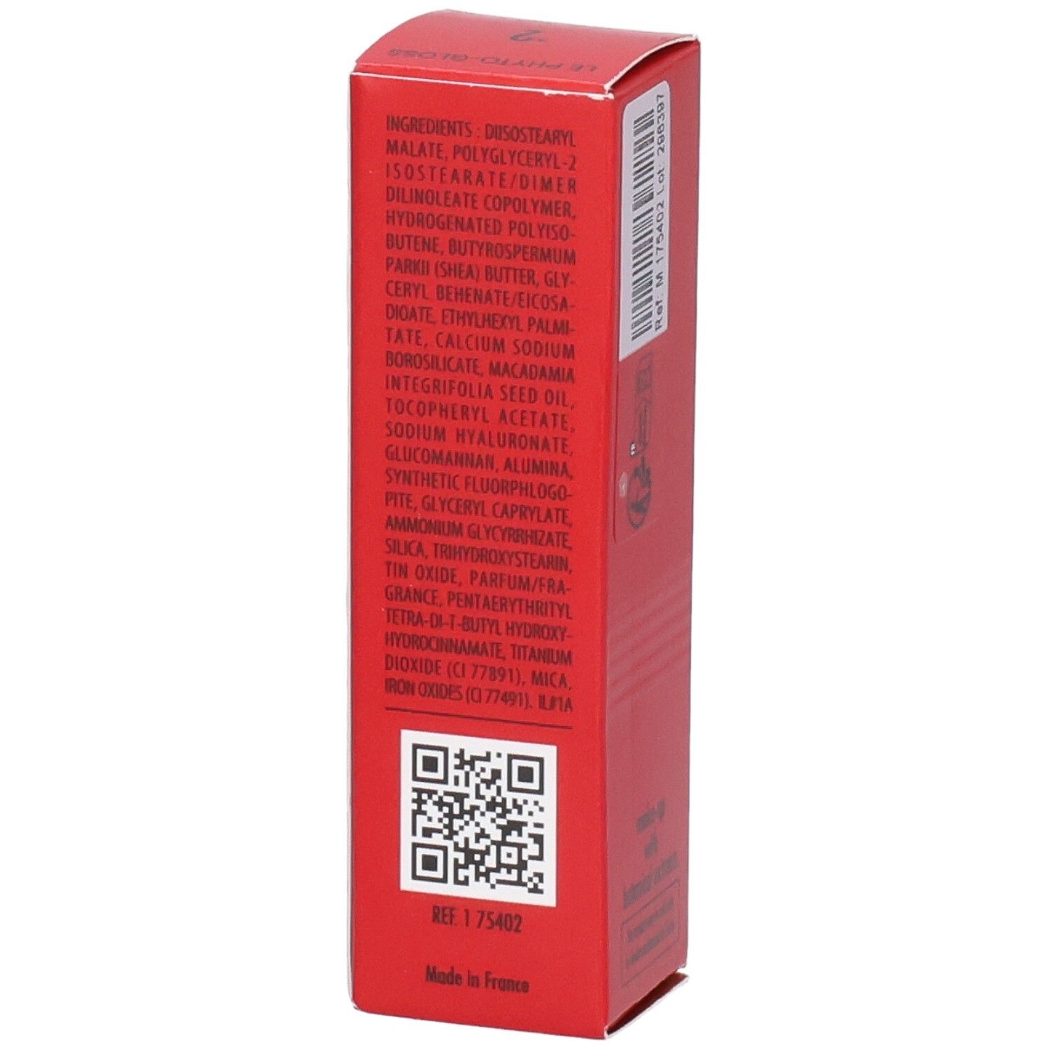 Dos de l'emballage Sisley Le Phyto-Gloss avec ingrédients, QR code et pays de fabrication.