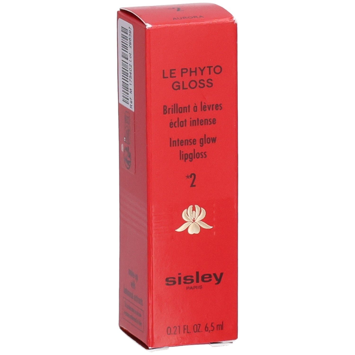 Emballage Sisley Le Phyto-Gloss rouge avec informations produit et logo.