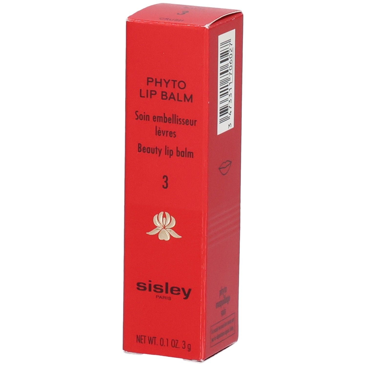Boîte pliante rouge pour SIS PHYTO LIP BALM, avec informations produit et code-barres.