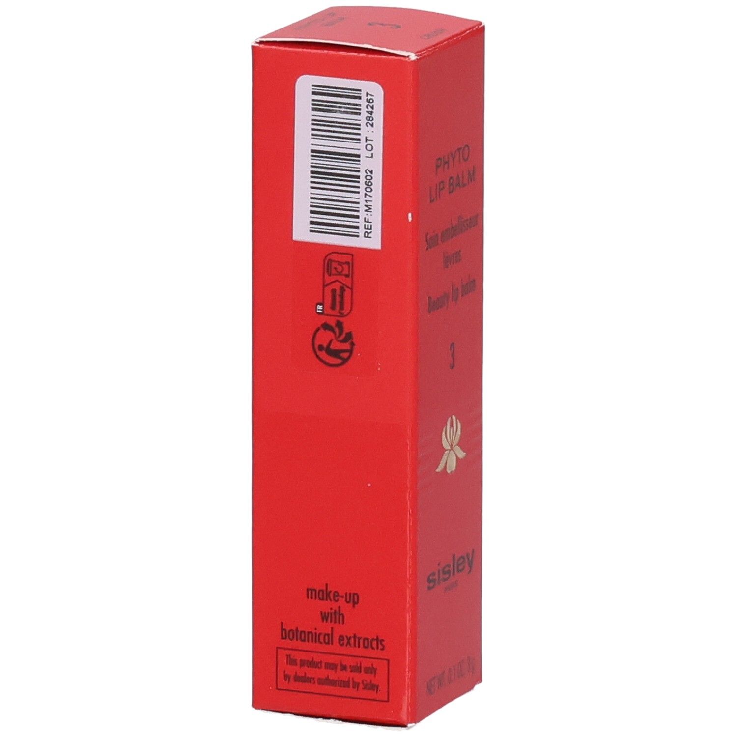 Boîte pliante rouge pour SIS PHYTO LIP BALM, avec symboles et instructions de recyclage.