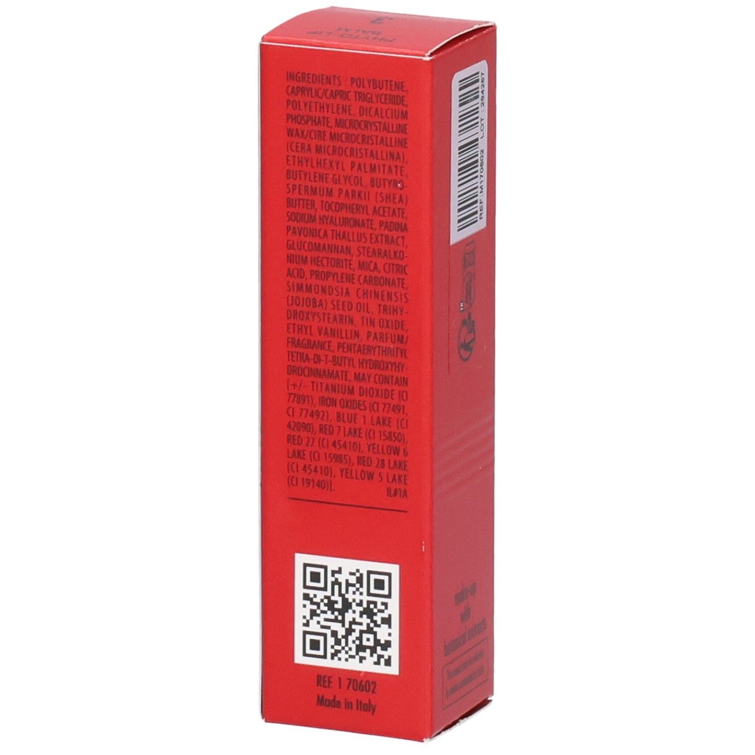 Boîte pliante rouge pour SIS PHYTO LIP BALM, avec liste des ingrédients et QR code.