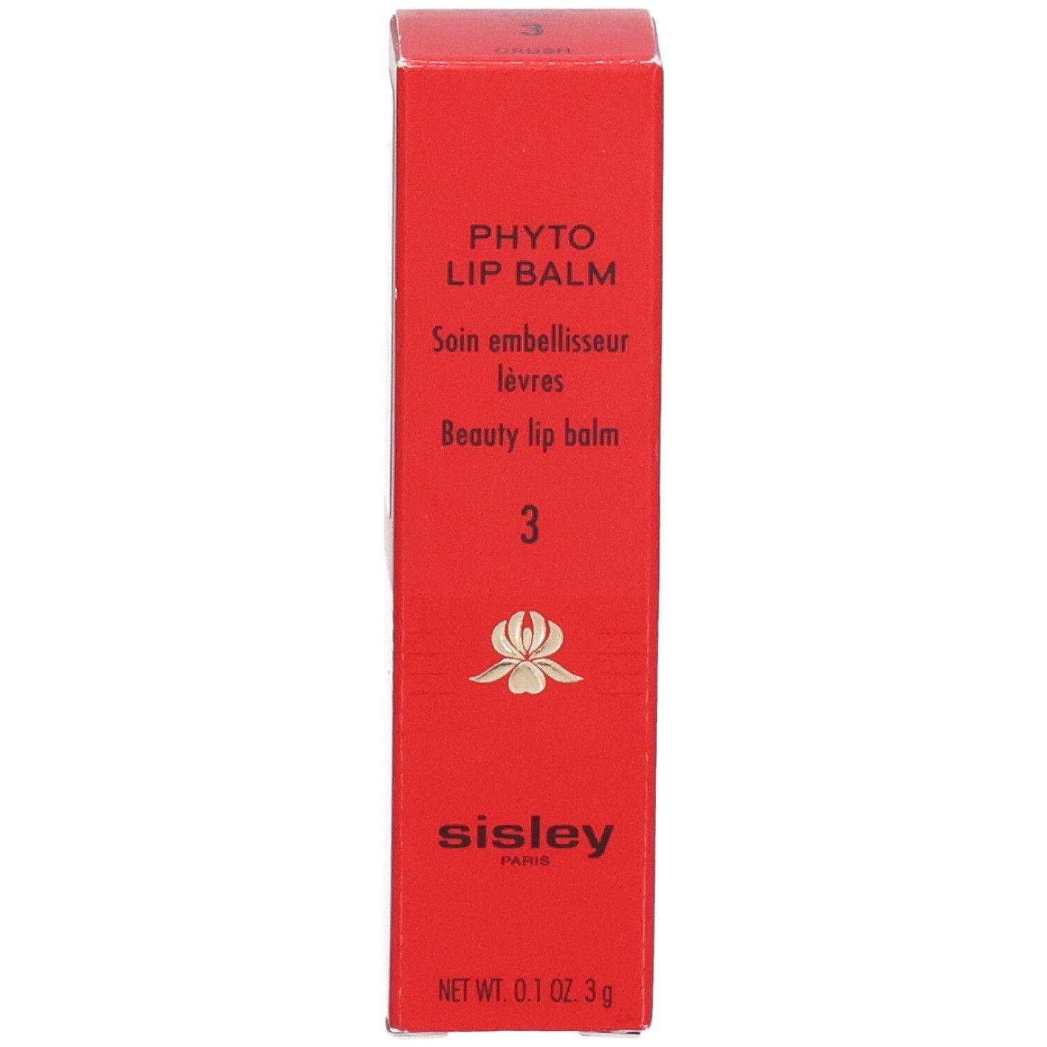Boîte pliante rouge pour SIS PHYTO LIP BALM, avec informations produit et logo Sisley.